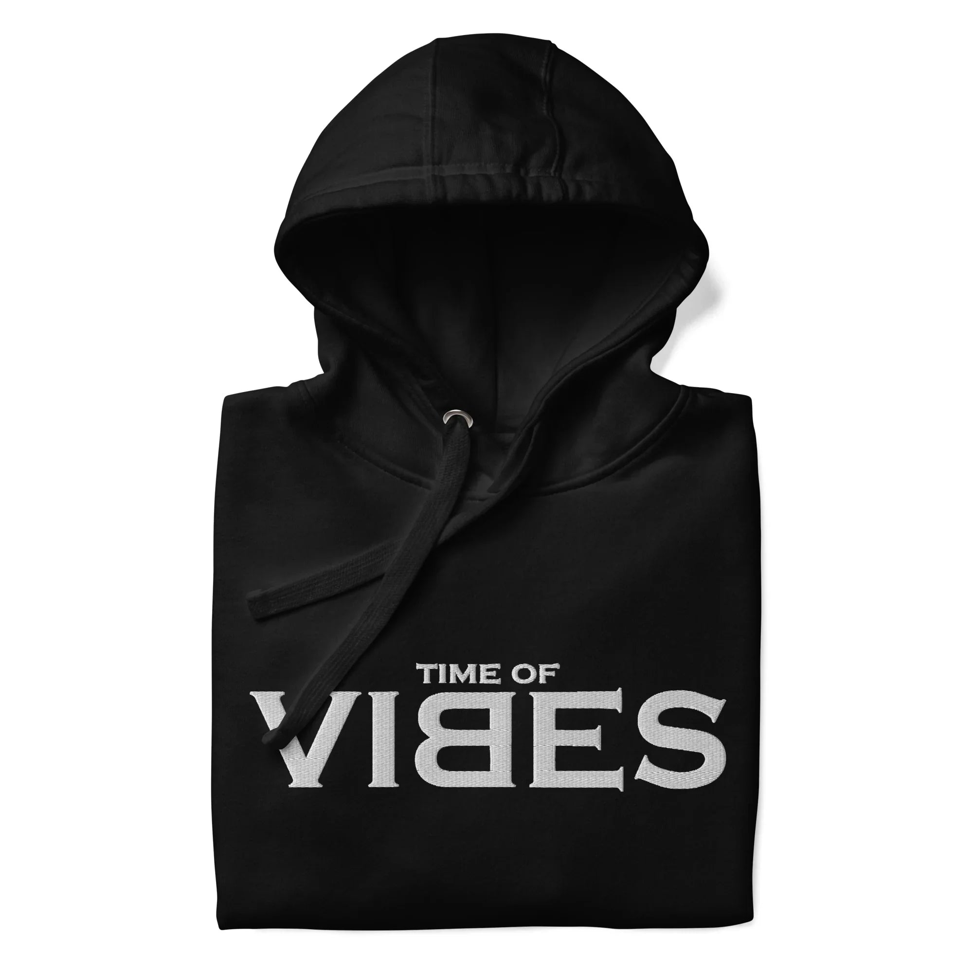 Schwarzer Hoodie mit weißem TIME OF VIBES Schriftzug, minimalistisch, Streetwear-Fashion