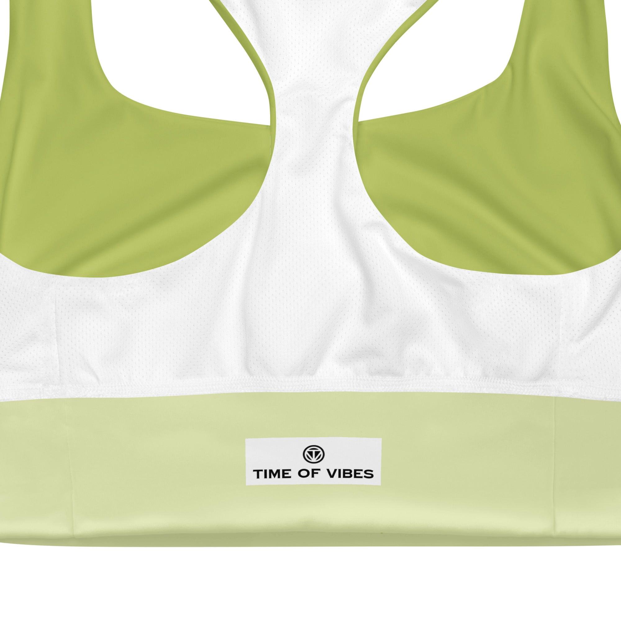 Rückansicht grüner Sport-BH mit weißem Mesh und TIME OF VIBES Logo, Activewear