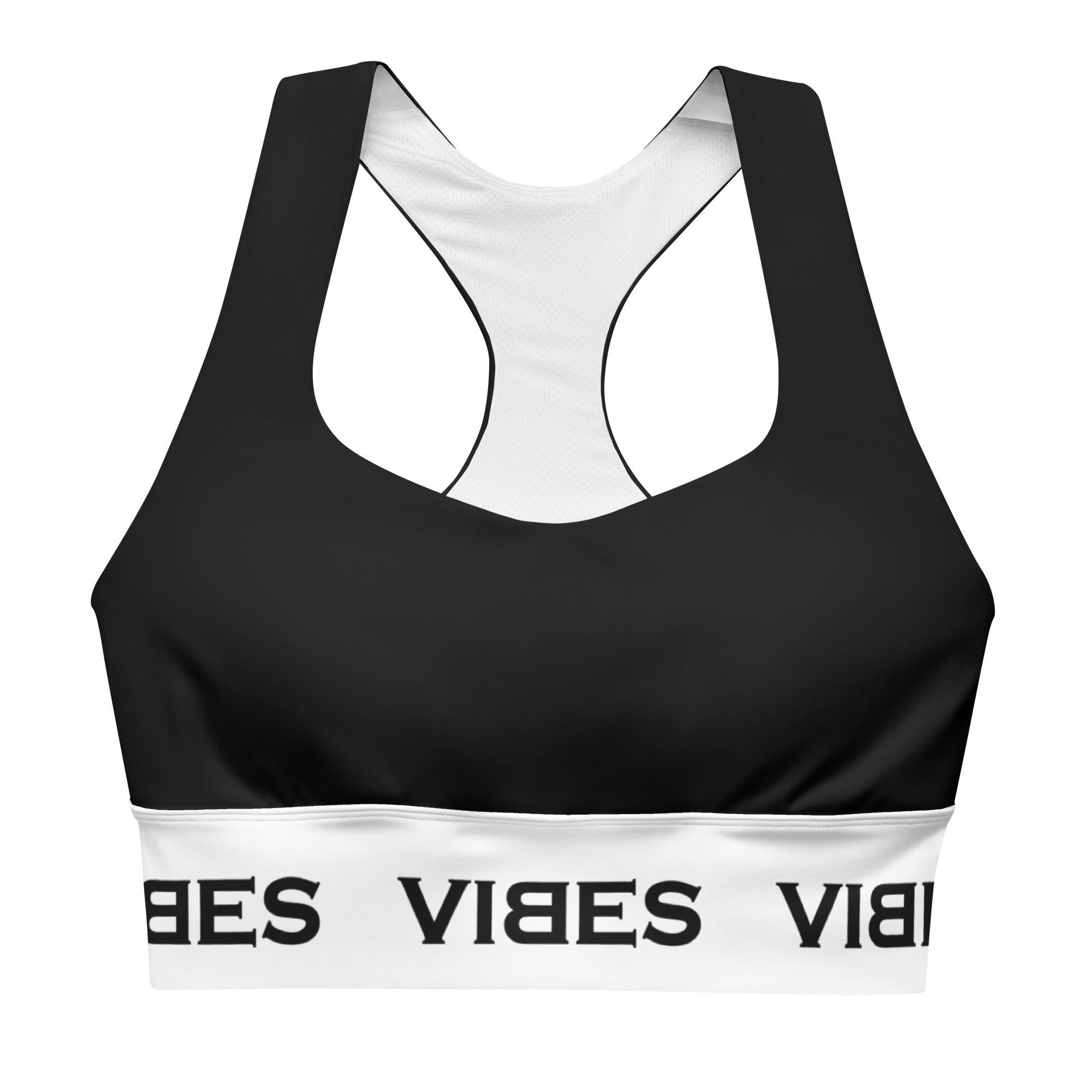 Sport-BH schwarz-weiß mit breitem VIBES-Bund, Racerback-Design, Vorderansicht