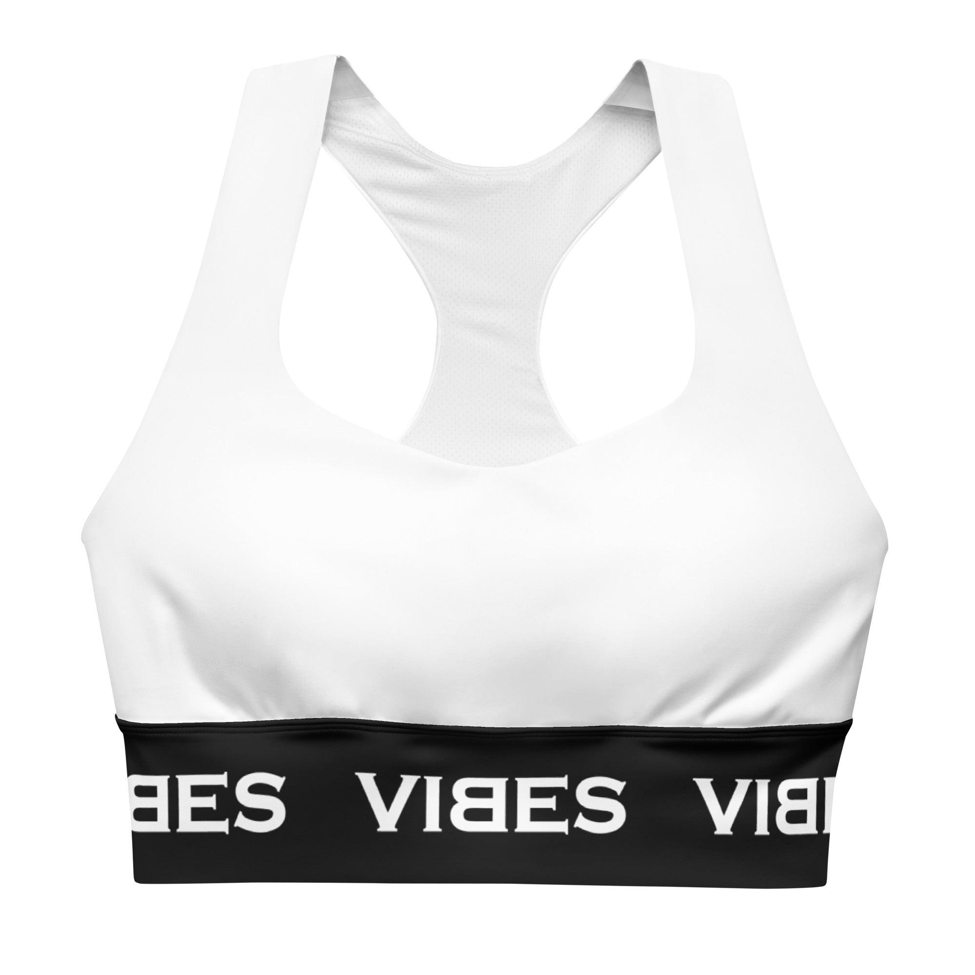 Weiß-schwarzer Sport-BH mit VIBES-Logo, Racerback-Design, Vorderansicht, Damen Sportbekleidung