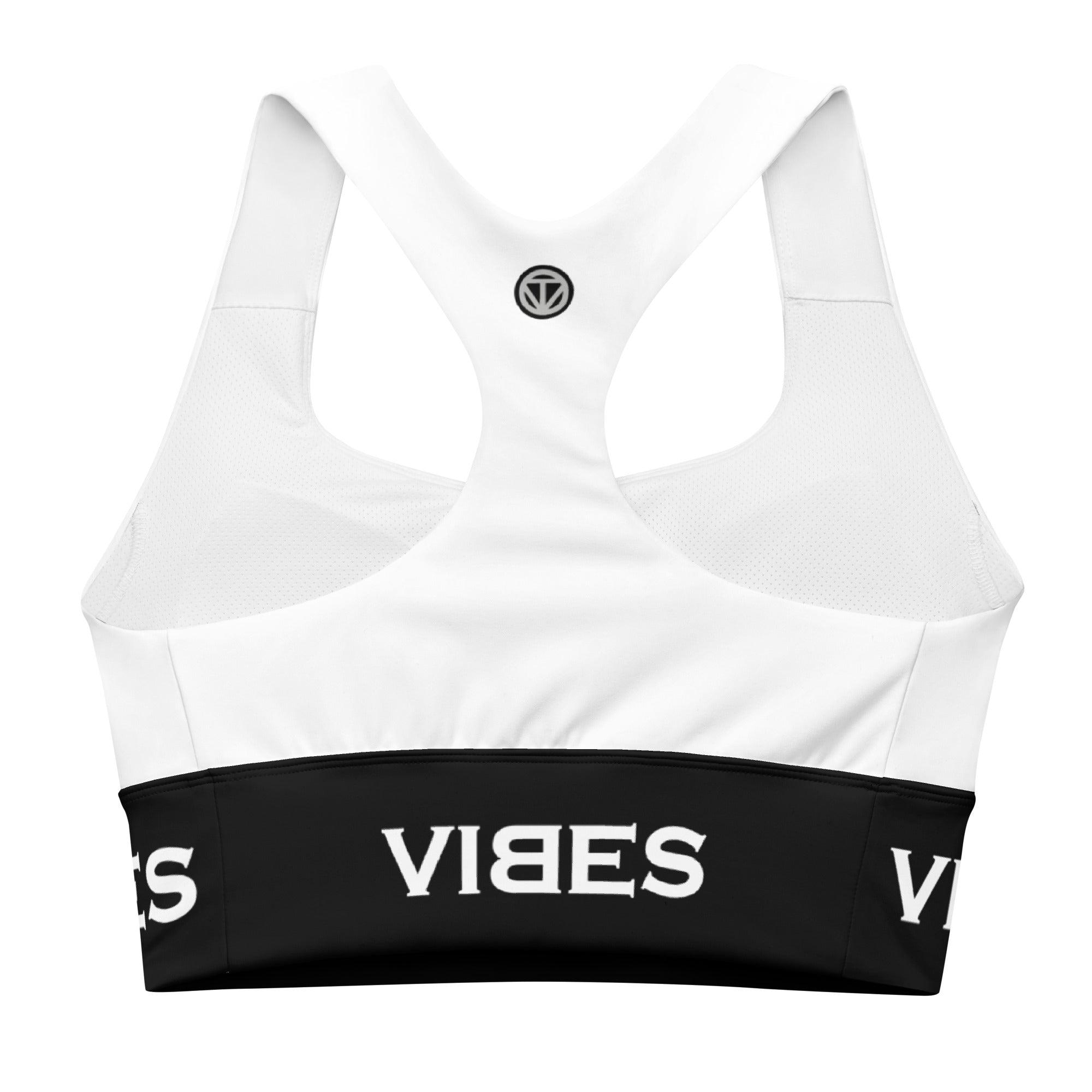 VIBES langer Sport-BH in Weiß-Schwarz, Rückansicht, Mesh-Einsatz, Racerback-Design