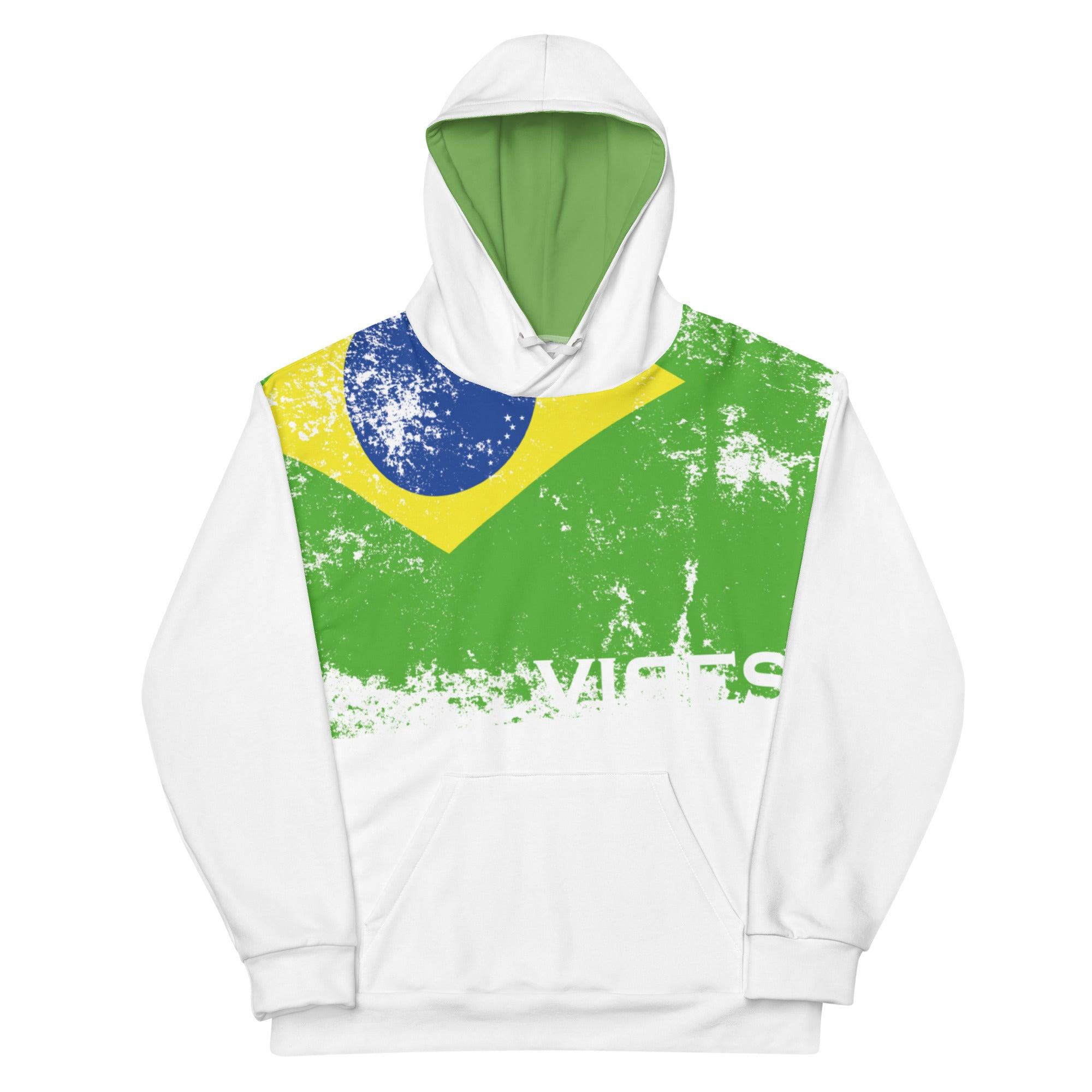 Weißer Hoodie mit grünen und gelben Brasilien-Flaggenmotiv, Kapuze innen grün, VIBES-Logo