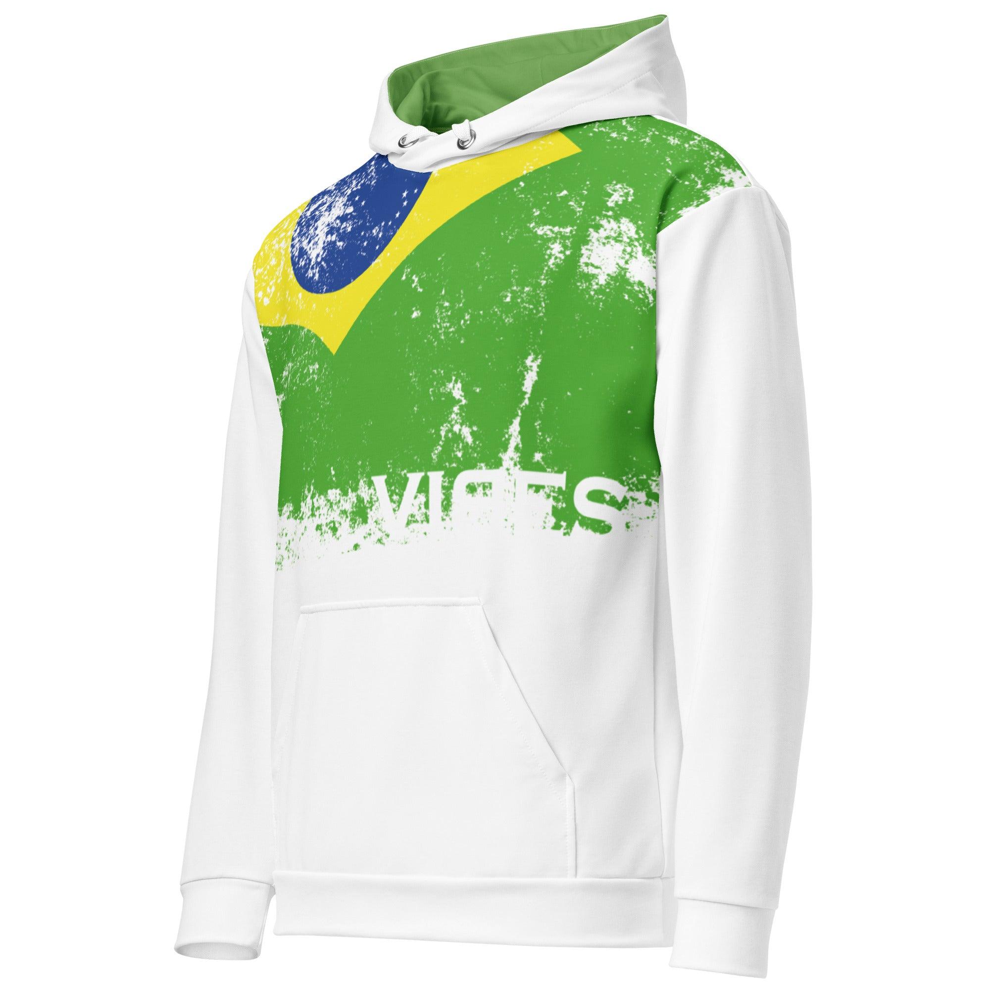Weißer Hoodie mit grün-gelb-blauem Brasilien-Design und VIBES-Schriftzug