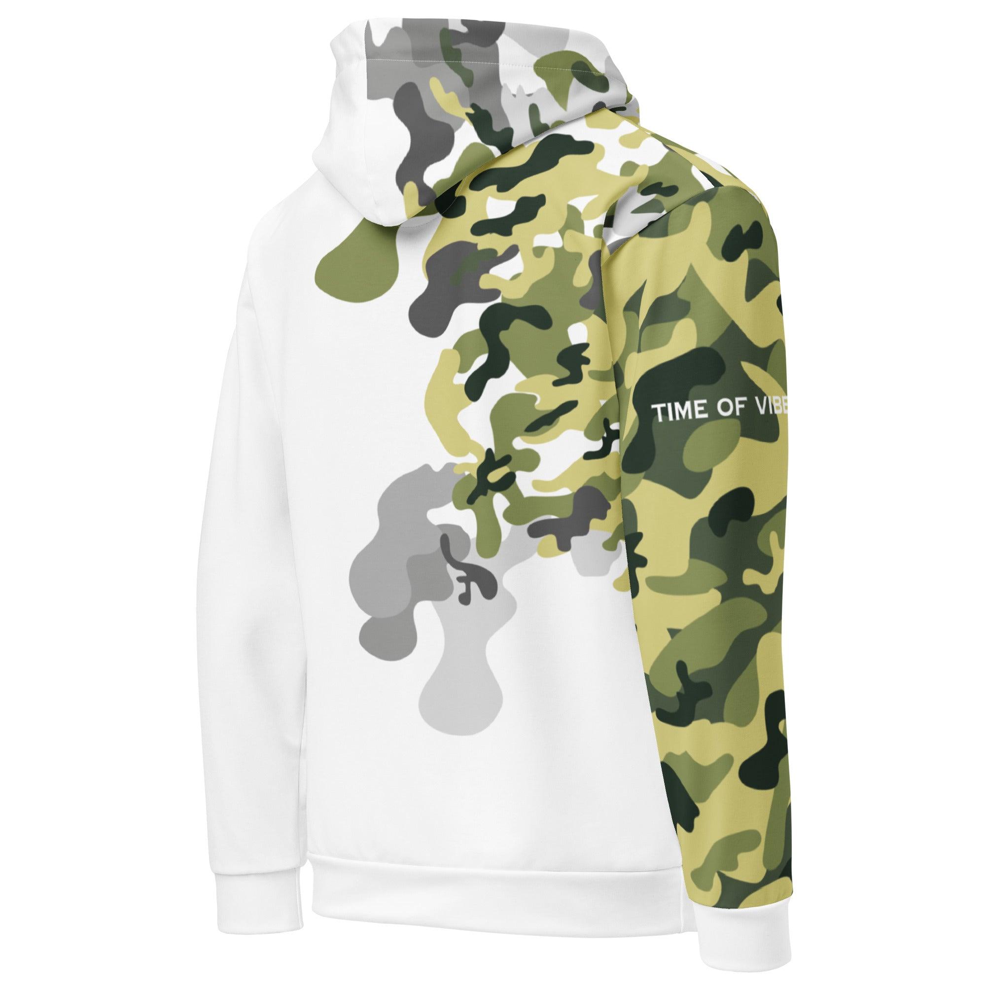 VIBES Premium Hoodie Camouflage Weiß Grün, Rückansicht, Kapuze, Aufdruck TIME OF VIBES