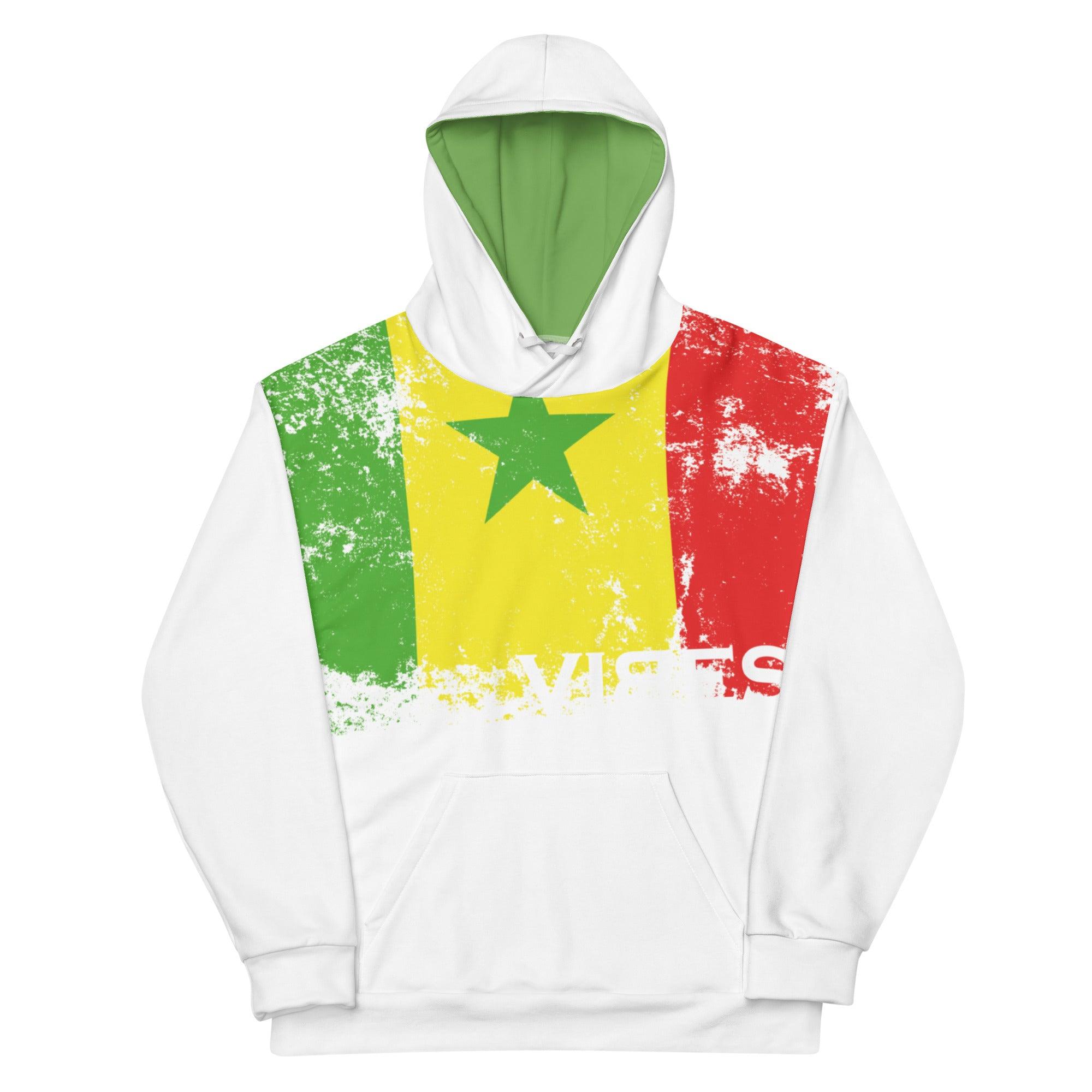 Weißer Hoodie mit Senegal Flagge und grünem Stern, VIBES Schriftzug vorn