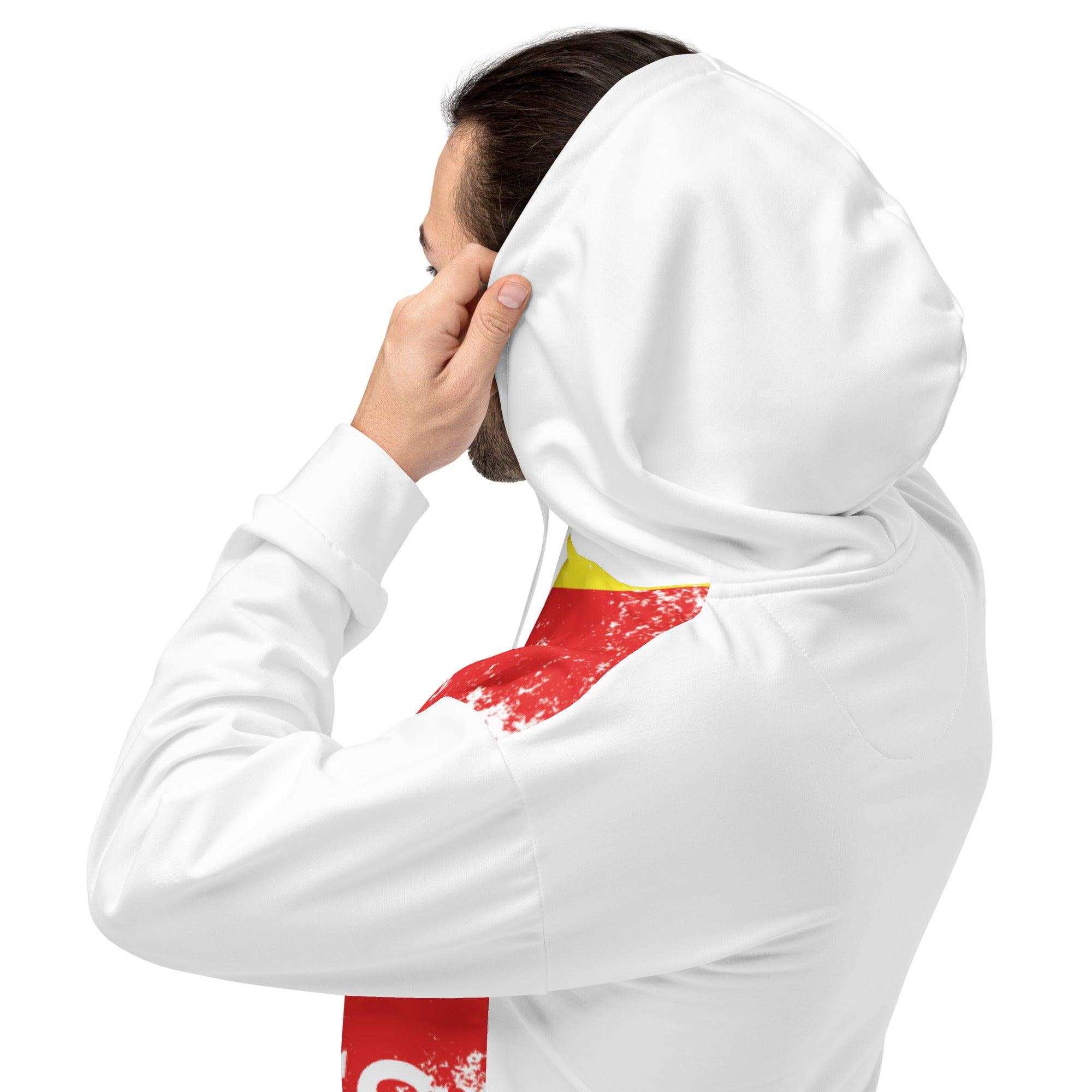 Mann trägt weißen VIBES Premium Hoodie SENEGAL mit rotem und gelbem Akzent, seitliche Ansicht