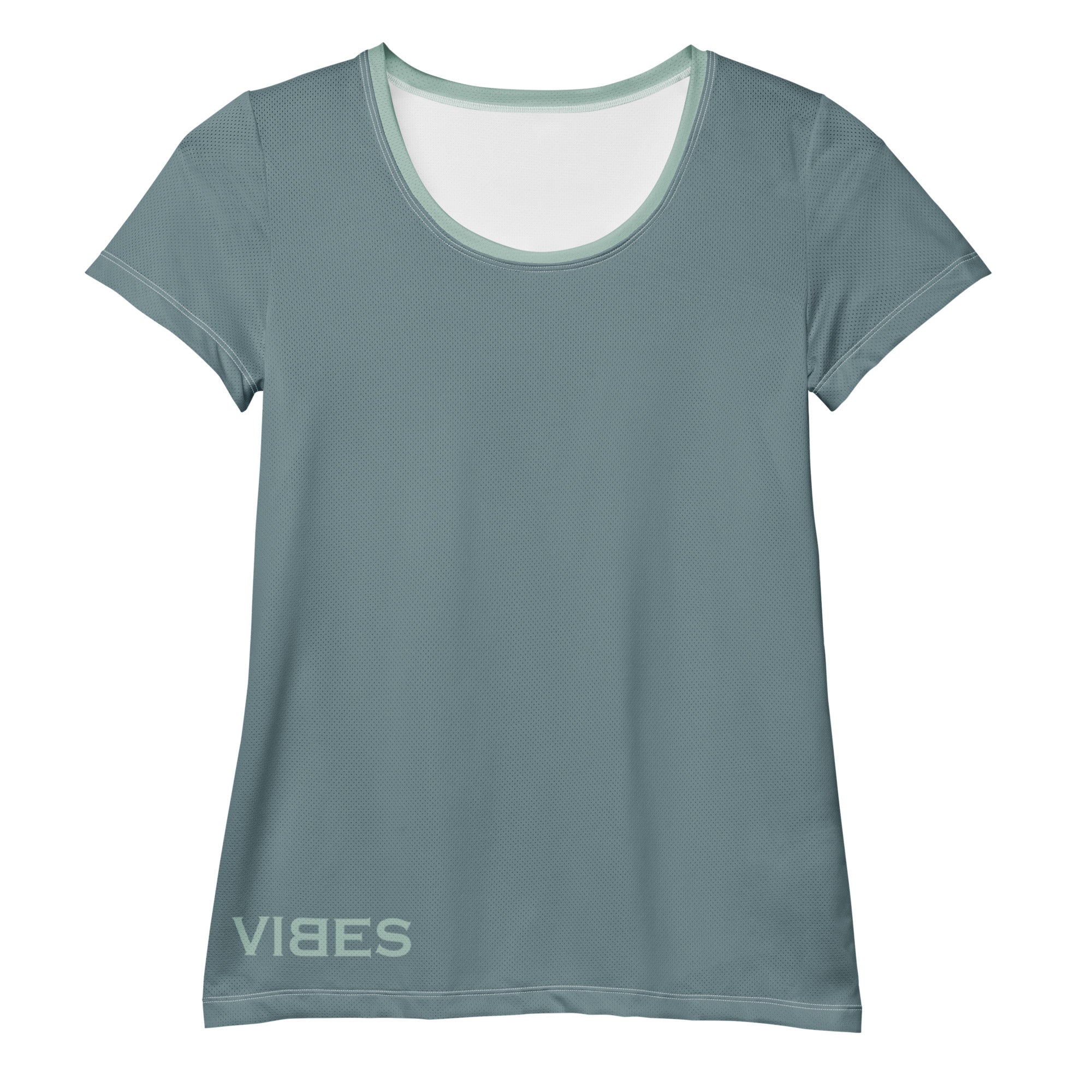 Damen Sport T-Shirt in Grau mit dezentem Vibes Schriftzug vorne, Rundhalsausschnitt