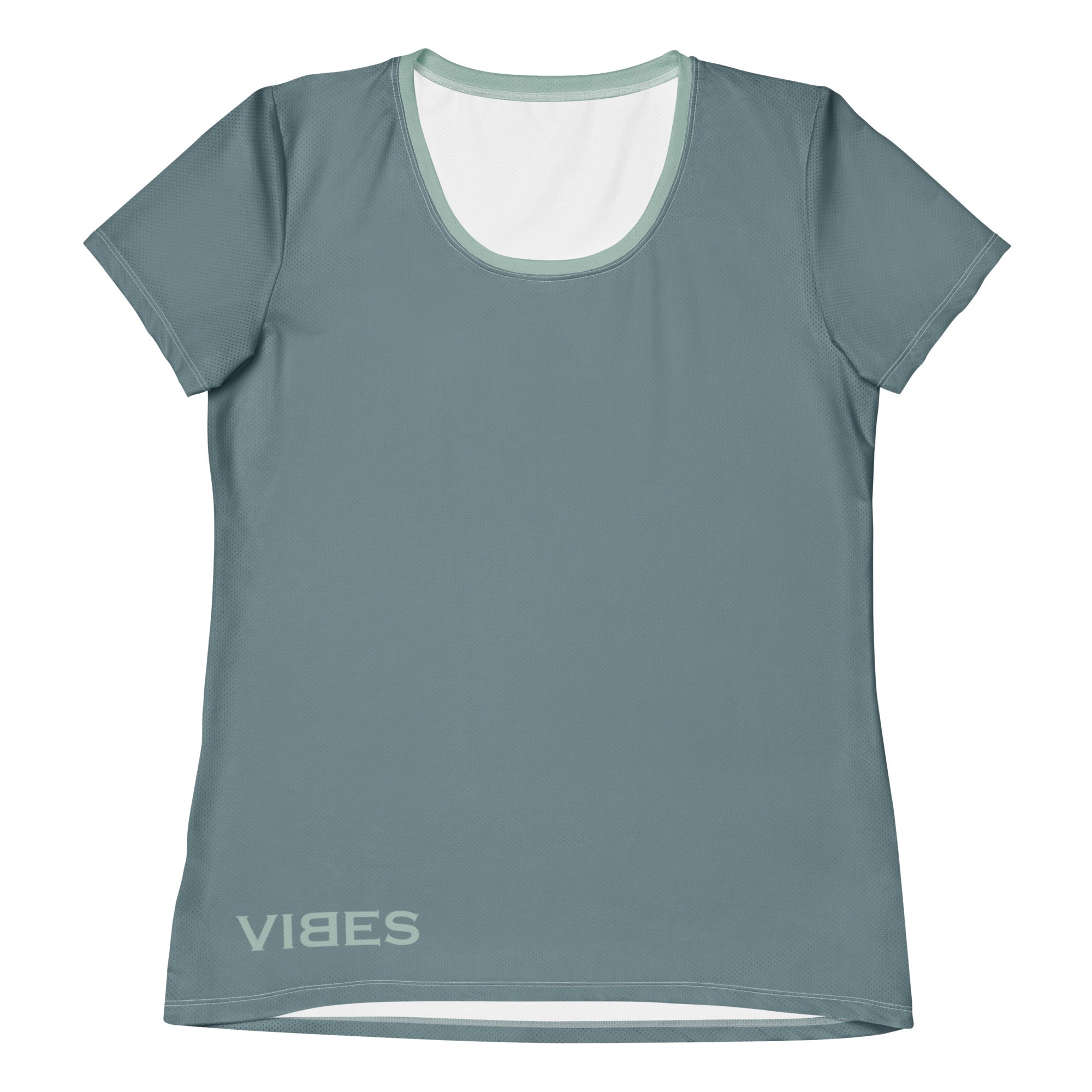 Damen Sport T-Shirt in Grau mit mintfarbenem V-Ausschnitt und VIBES Schriftzug vorne