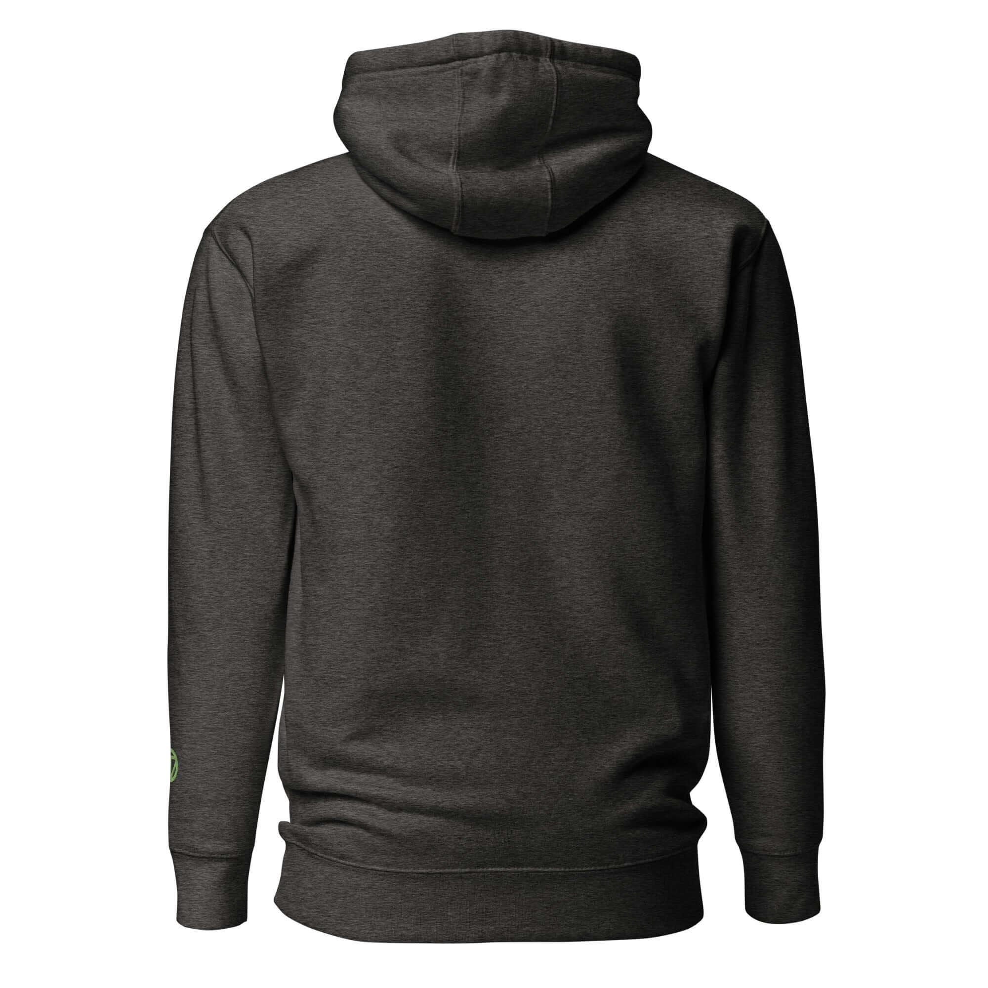 Unisex Premium Hoodie in Charcoal Heather, Rückansicht, Kapuze, schlichtes Design