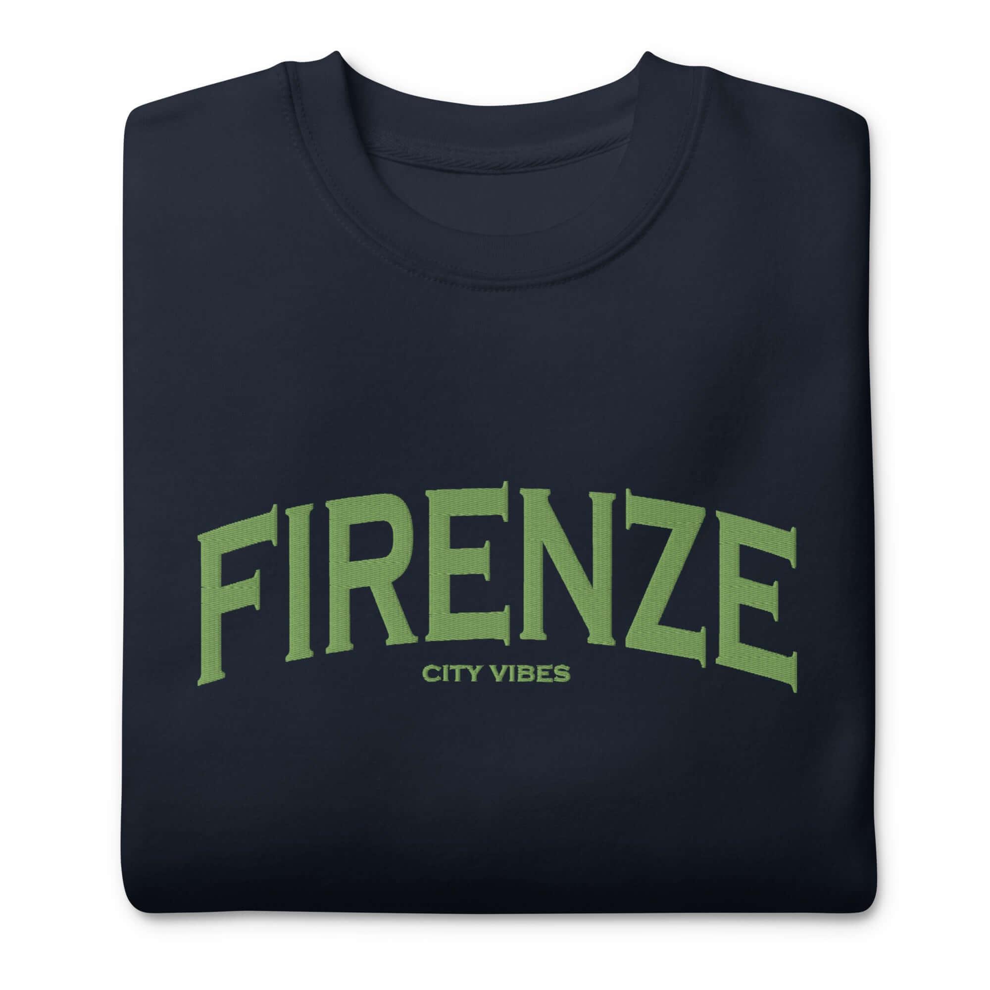 Navy Blazer Sweatshirt, grünem Firenze City Vibes Schriftzug, Unisex, zusammgelegt