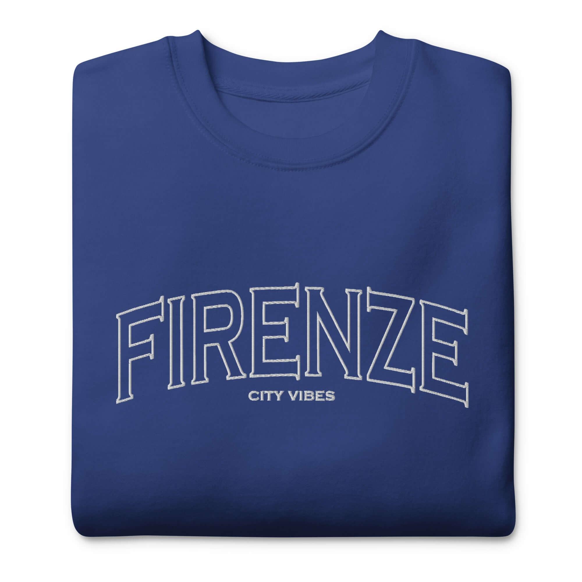 Blauer Unisex-Premium-Sweatshirt mit Firenze City Vibes Schriftzug, gefaltet, Produktfoto