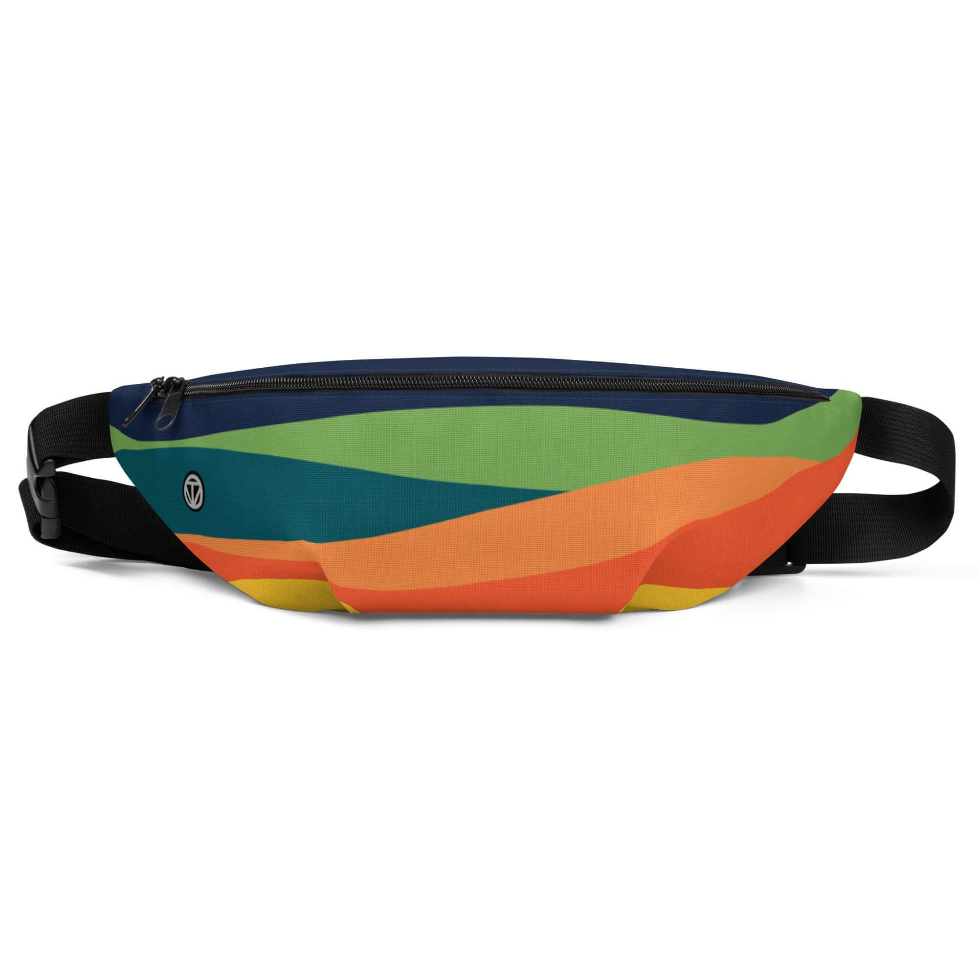 Bunte Gürteltasche mit abstraktem Streifenmuster und schwarzem Reißverschluss, freigestellt