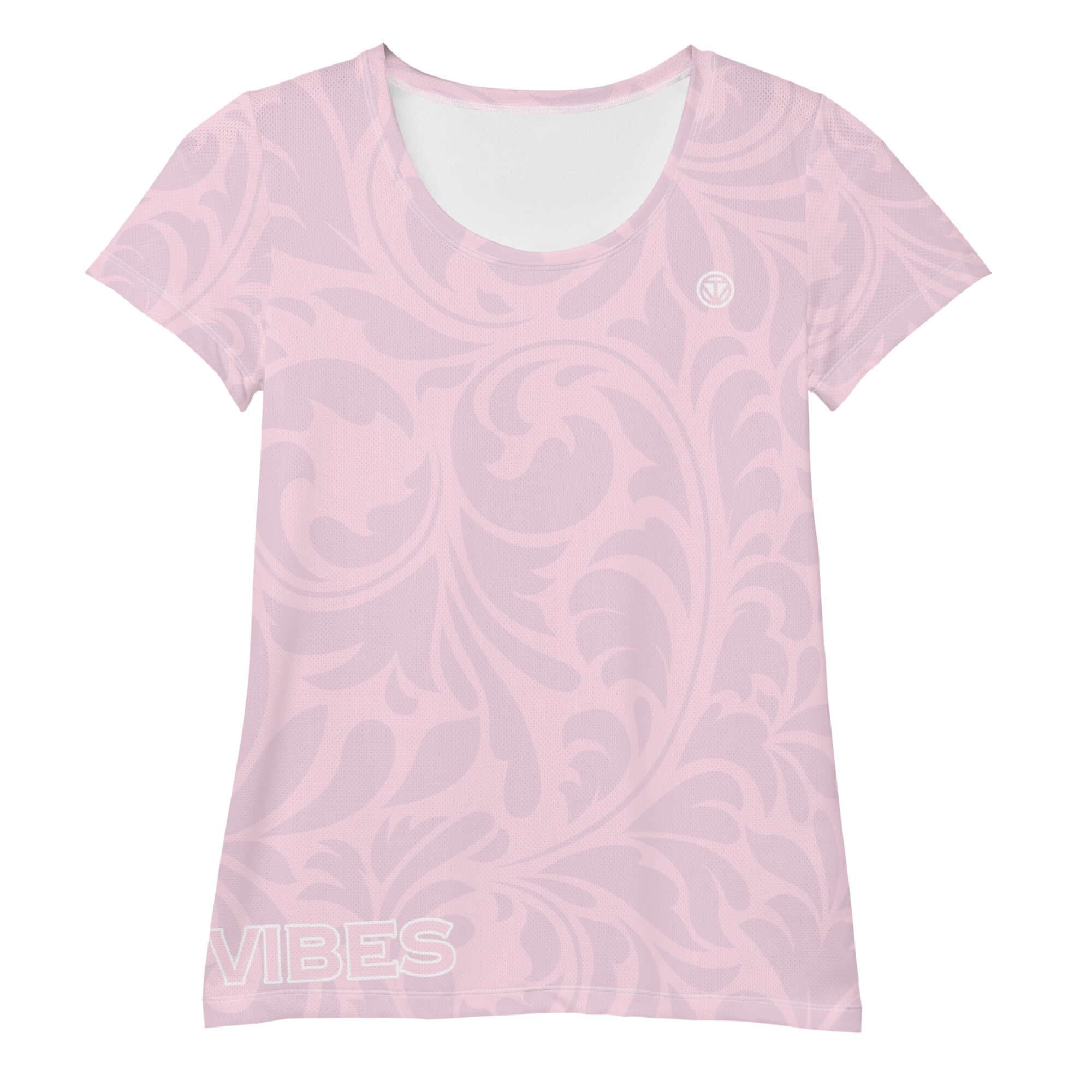 Damen T-Shirt rosa mit floralen Mustern, kurzarm, Schriftzug VIBES, Sportmode