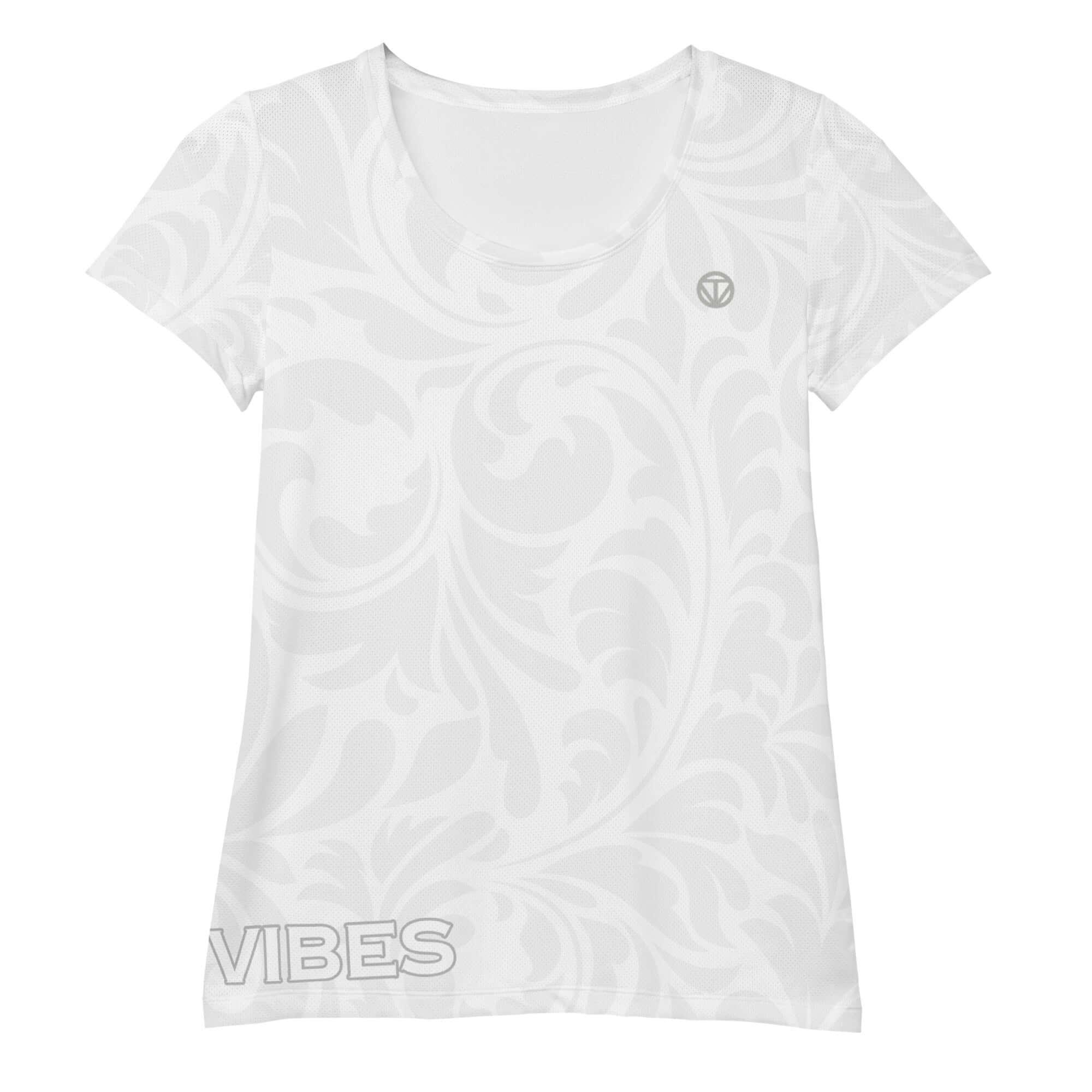 Weißes Damen Sport T-Shirt mit floralem Muster, Schriftzug VIBES und kleinem Logo.