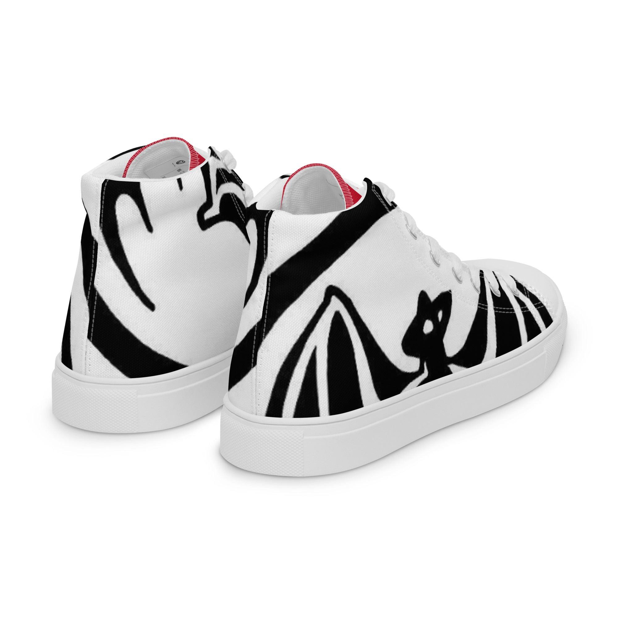 Weiße Herren High-Top-Sneaker aus Canvas mit schwarzem Fledermaus-Design, Rückansicht