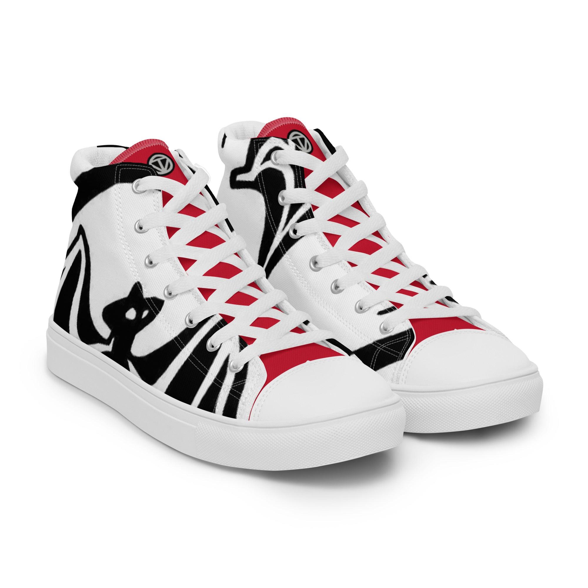 Weiße Herren High-Top Sneaker mit rot-schwarzem Katzenmotiv und weißen Schnürsenkeln