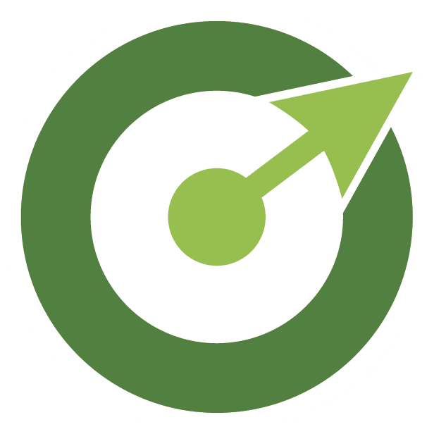 Grünes Zielscheiben-Logo mit Pfeil, ACUMCO Zeichen, modernes Markenzeichen Design