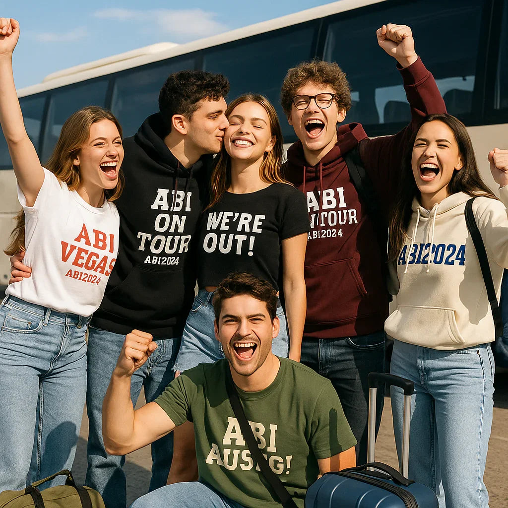 Gruppe junger Menschen in Abitur-Teamwear mit Koffern vor Reisebus, sonnig, ABI 2024 Shirts