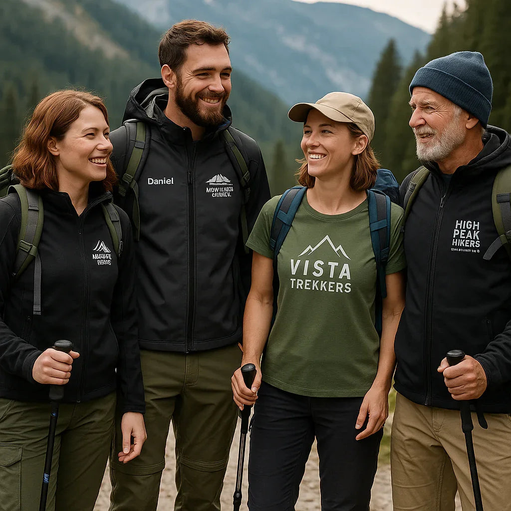 Vier Wanderer mit Vereins-Outdoor-Teamwear in den Alpen, lächelnd, Berge im Hintergrund
