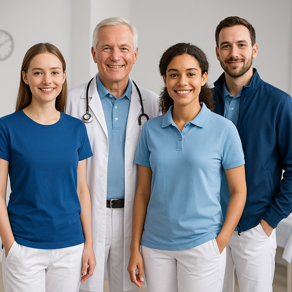 Team in moderner Arbeitskleidung in einer Arztpraxis, medizinisches Personal lächelt