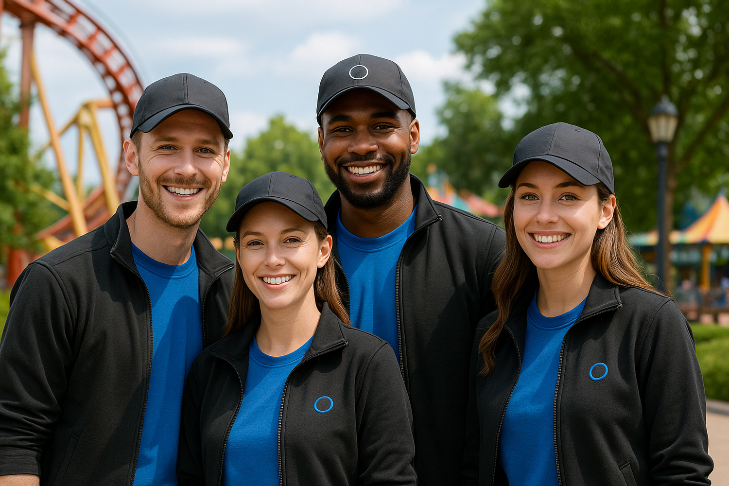 Vier Mitarbeiter in Freizeitpark-Arbeitskleidung vor einer Achterbahn
