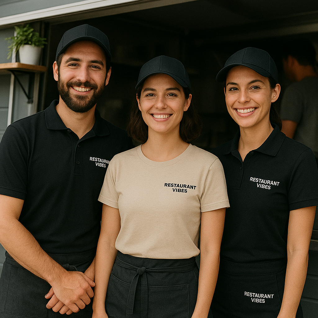 Drei Restaurantmitarbeiter in Arbeitskleidung Gastronomie mit 'Restaurant Vibes' Logo, lächelnd vor Tresen