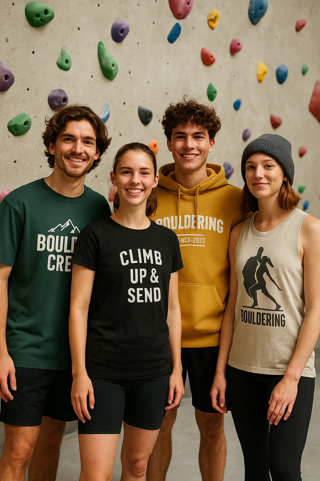 Vier junge Erwachsene im Bouldern-Teamwear vor bunter Kletterwand, boulder Kleidung