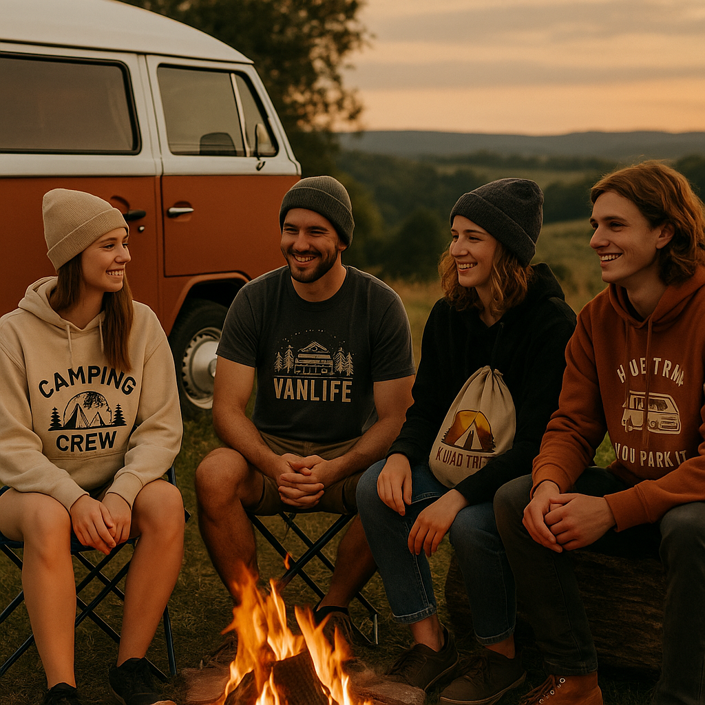 Vier junge Erwachsene mit Camping-Teamwear und Van am Lagerfeuer in der Natur beim Sonnenuntergang