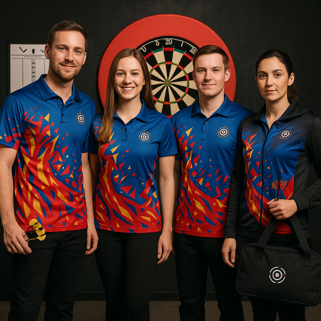 Vier Personen im Dartsclub mit einheitlicher Darts-Kleidung vor einer Dartscheibe