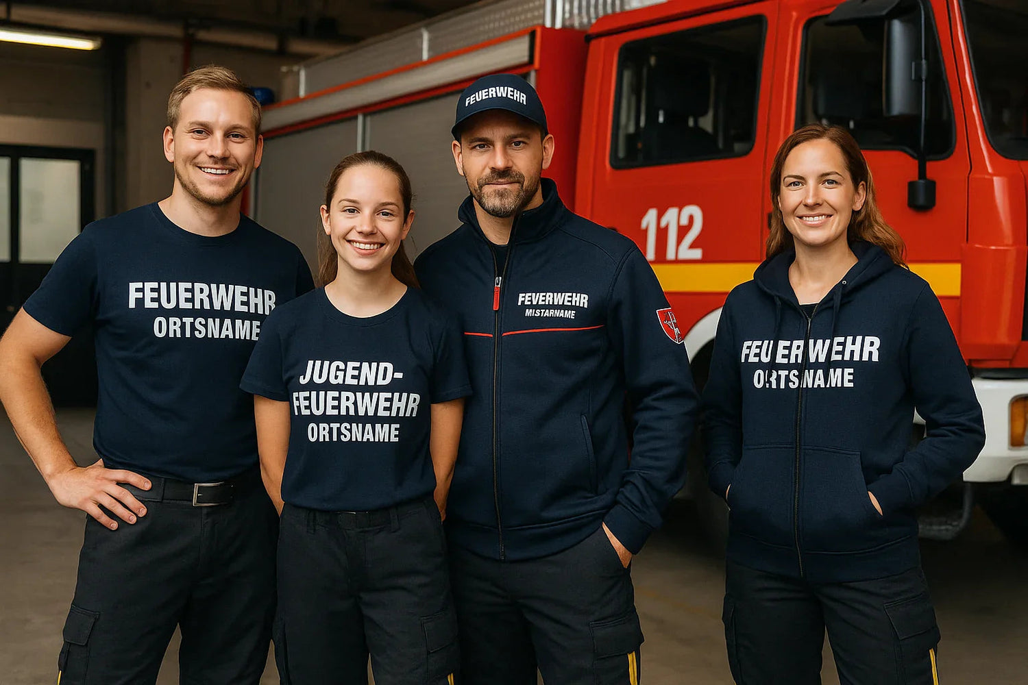 Feuerwehr-Team in einheitlicher Teamwear vor rotem Feuerwehrwagen in der Halle