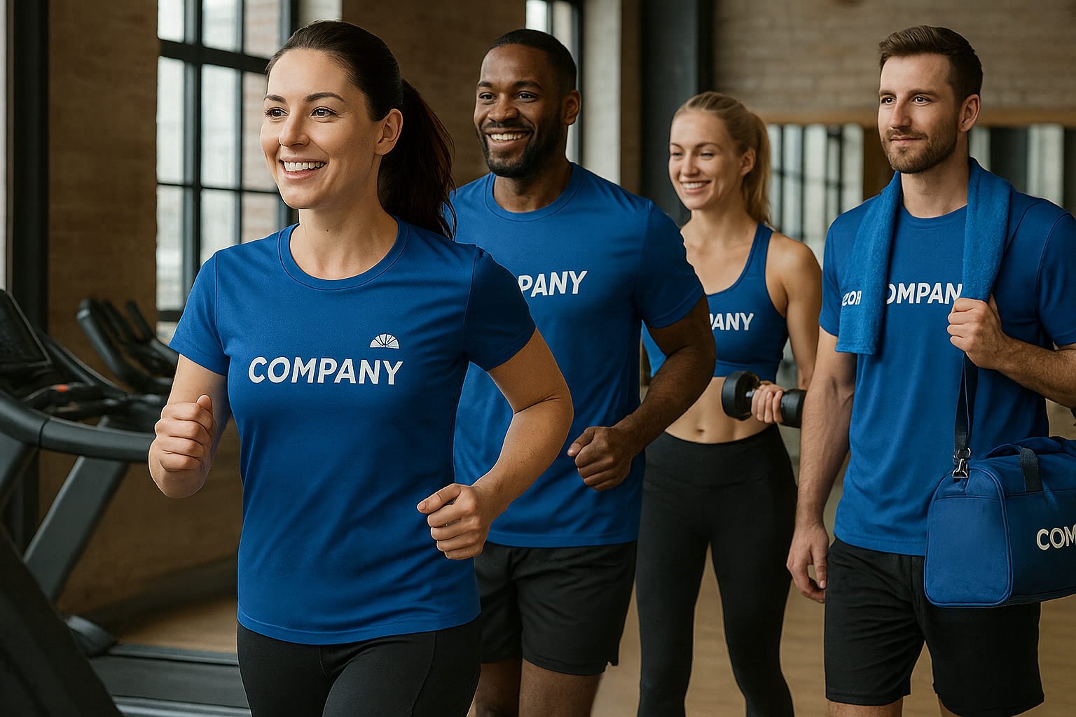 Junge Kollegen beim Firmensport in blauen Company-Shirts im Fitnessstudio