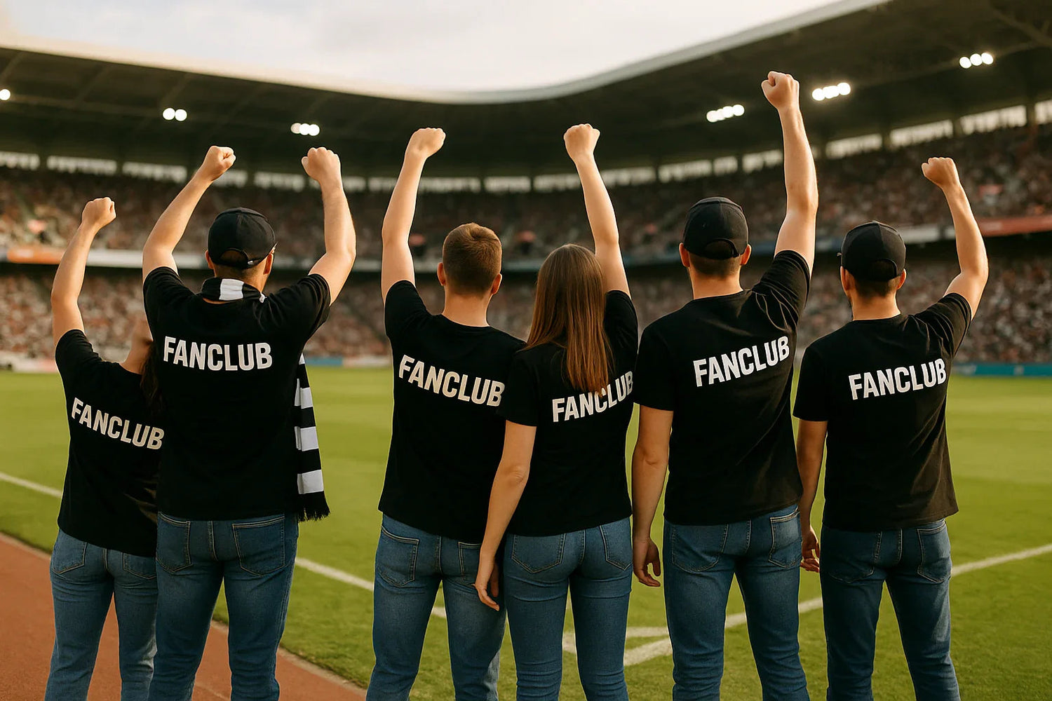 Fußball Fans im Stadion tragen schwarze Fanclub Teamwear Shirts und jubeln gemeinsam