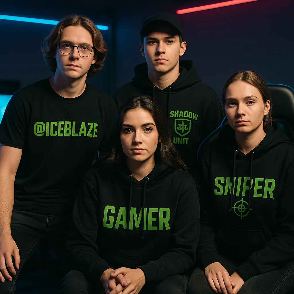 Vier junge Erwachsene in schwarzer Gamer-Teamwear mit grünen Aufdrucken in Gamingraum