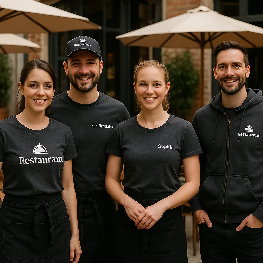Teamfoto Gastronomie Mitarbeiter in schwarzer Teamwear mit Restaurant-Logo im Außenbereich