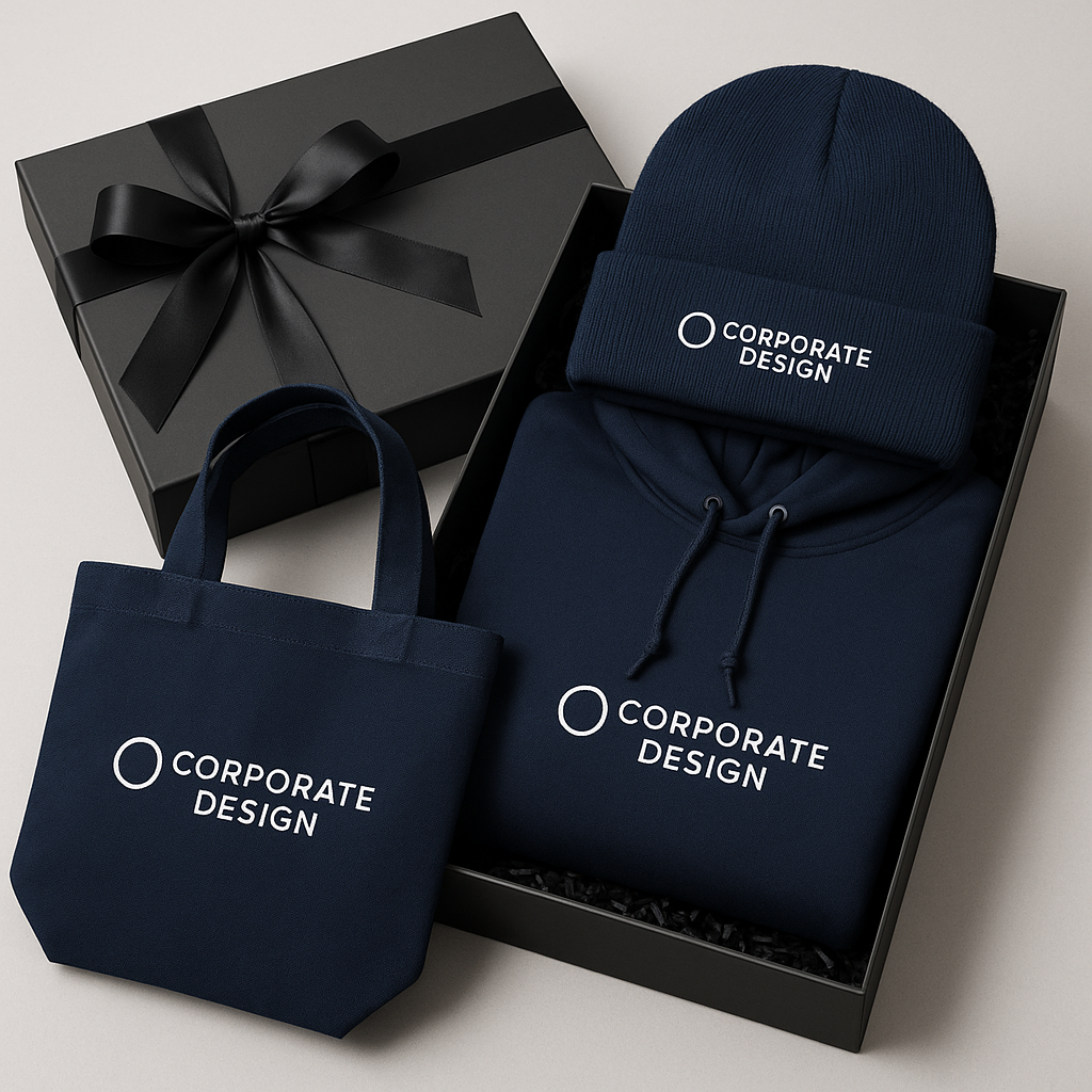 Geschenkbox mit Mütze, Hoodie und Stofftasche in Dunkelblau mit Corporate Design Logo