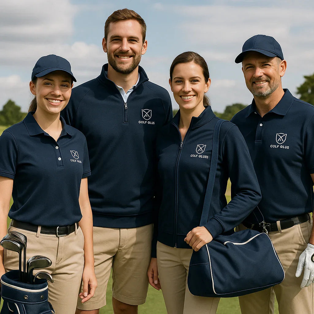 Golfclub Teamwear: Vier Golfer in einheitlicher navyblauer Golfkleidung im Freien