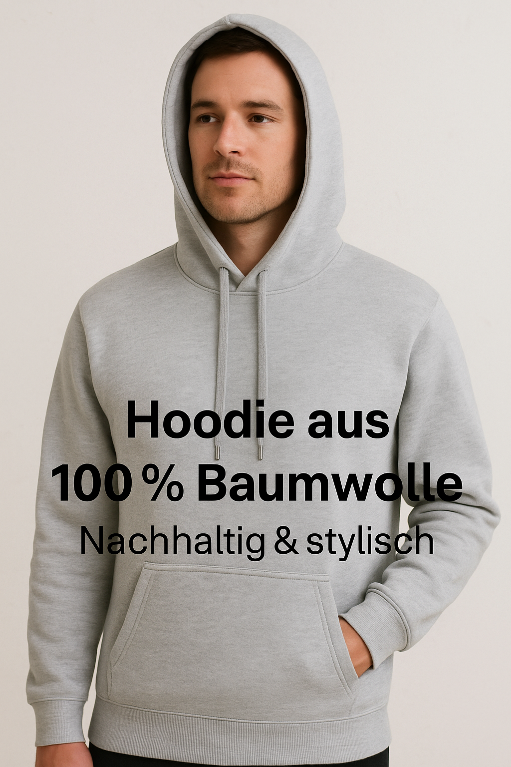 Mann trägt grauen Hoodie aus 100% Baumwolle, nachhaltig und stylisch, vor hellem Hintergrund.