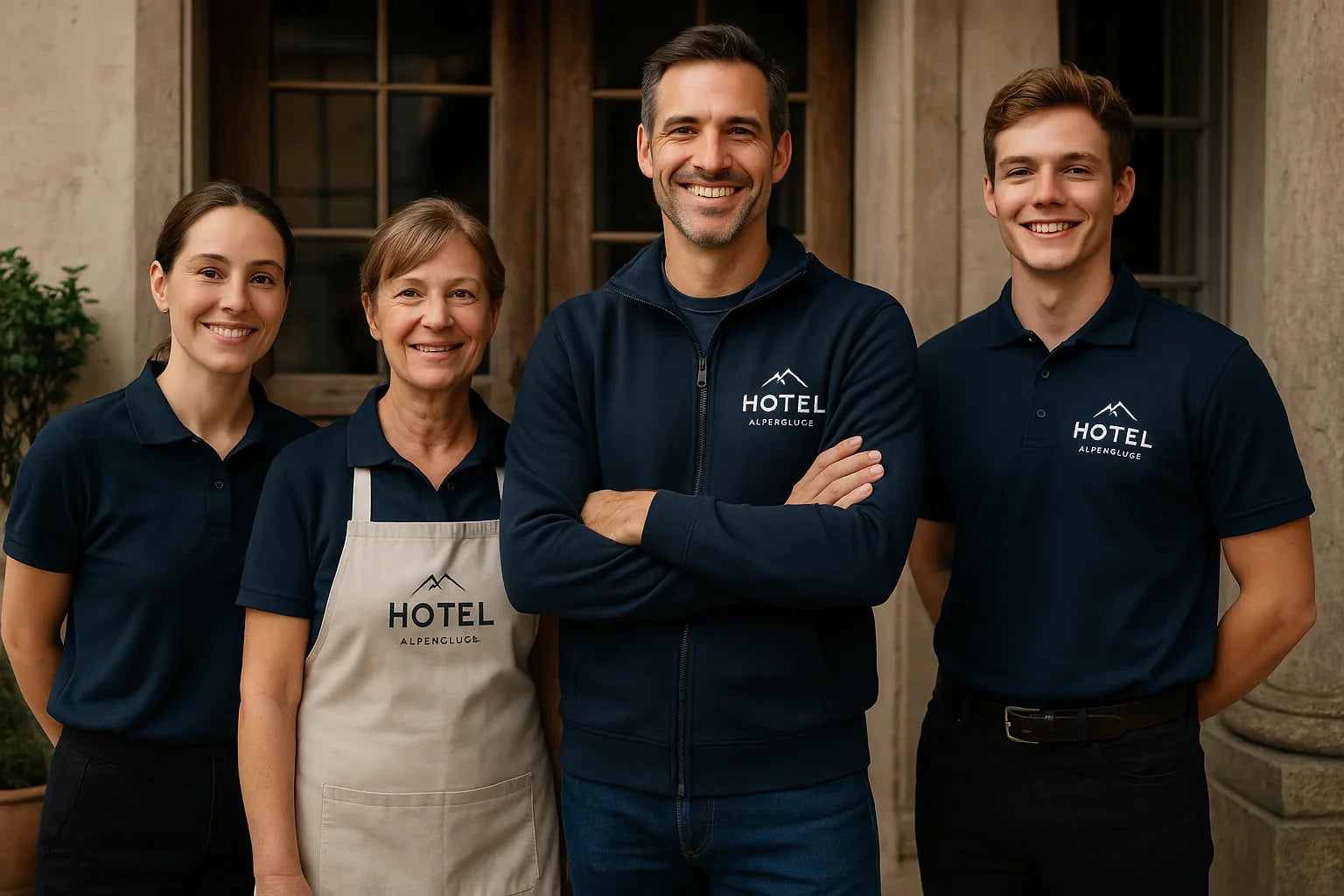 Hotel Team in einheitlicher Arbeitskleidung vor dem Eingang, Hotel Alpen­glüce Logo sichtbar