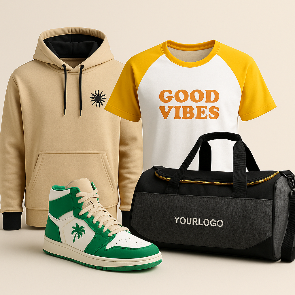 Personalisierte Teamwear: beige Hoodie, gelb-weißes T-Shirt, Turnschuh, Sporttasche mit Logo