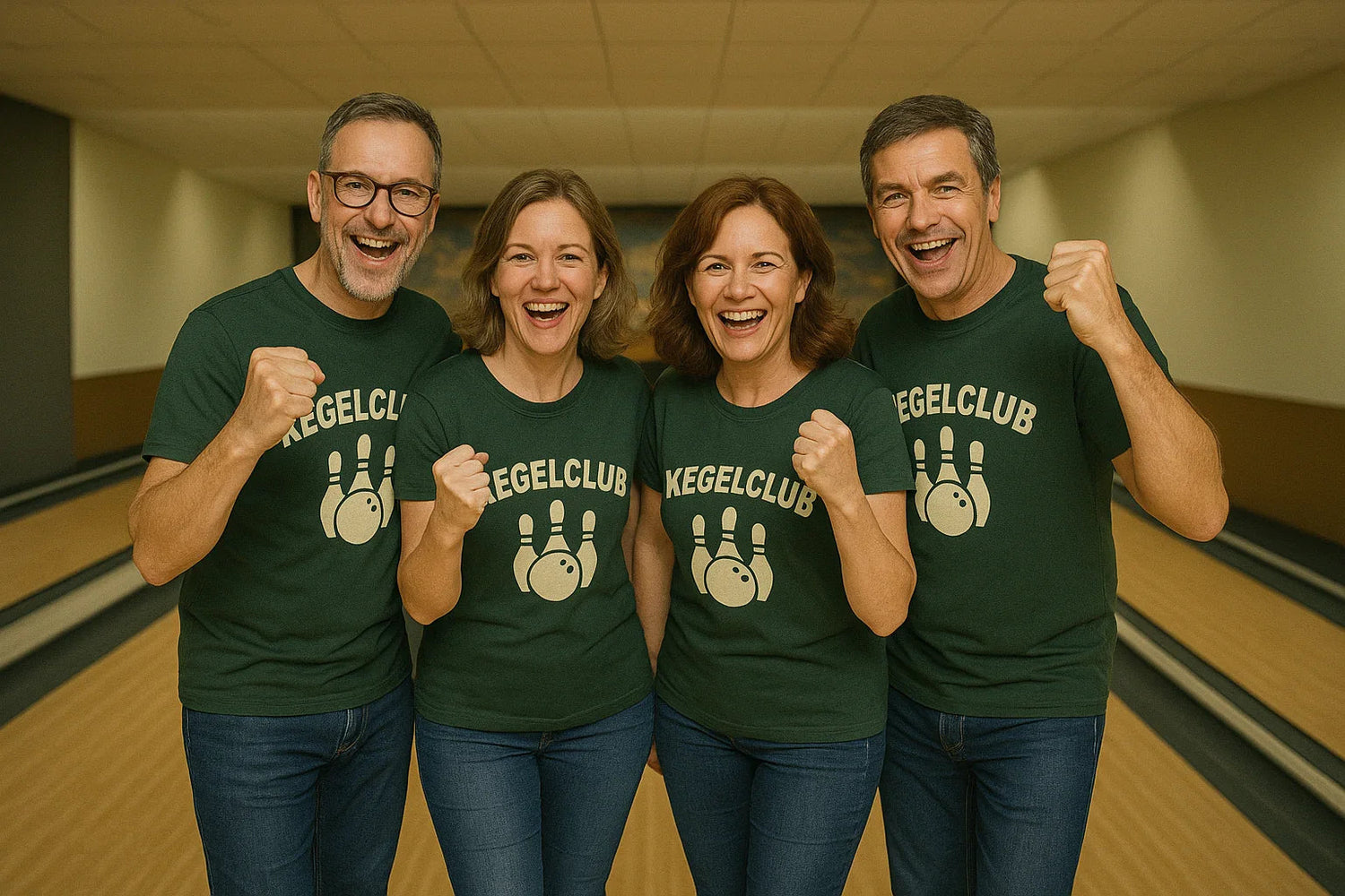 Vier fröhliche Erwachsene im Kegelclub-Teamwear auf einer Kegelbahn