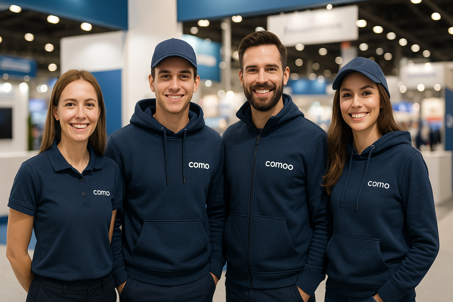 Team in dunkelblauer Messebekleidung mit COMO-Logo auf Messe, Arbeitskleidung, Teamausstattung