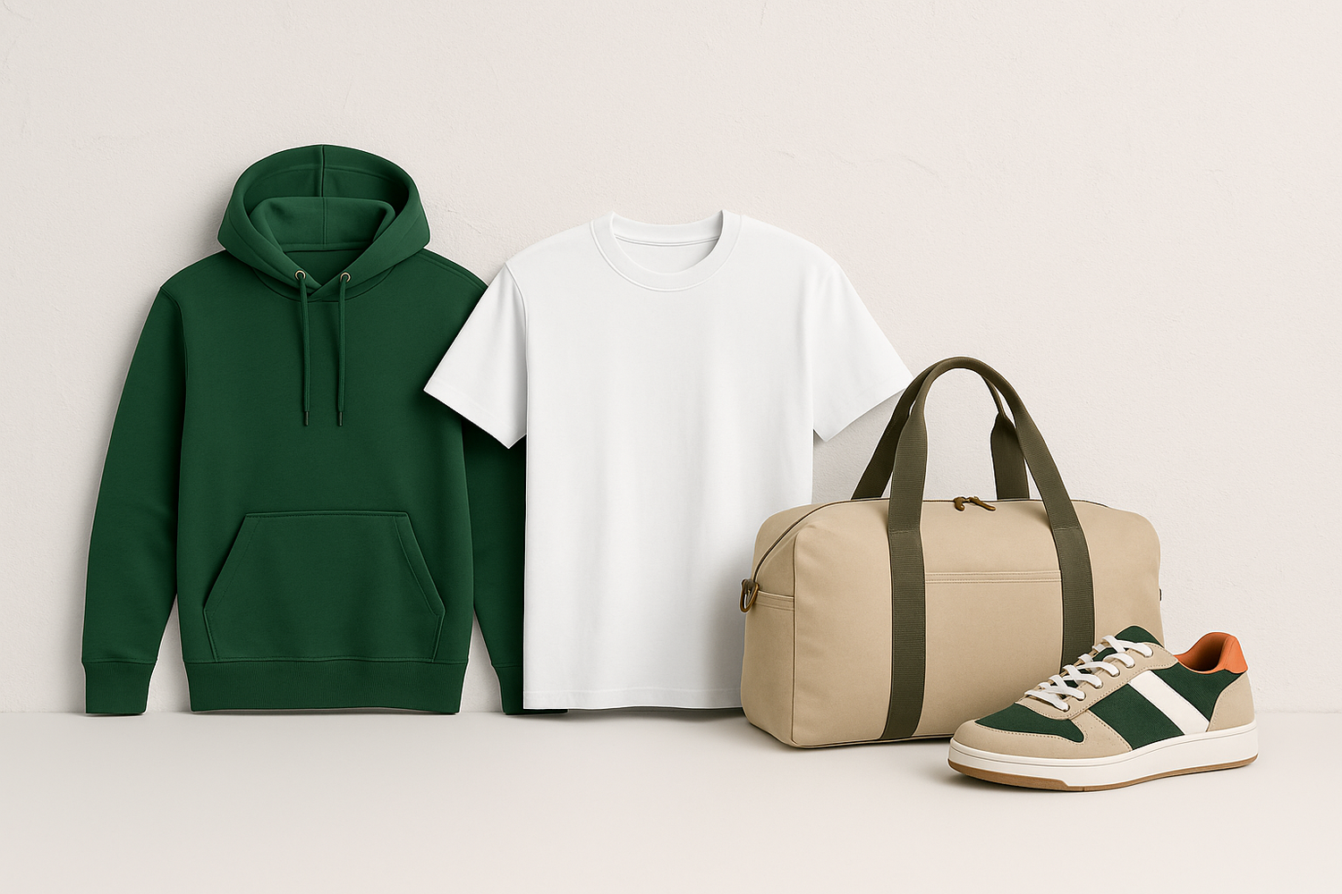 Grüner Hoodie, weißes T-Shirt, beige Sporttasche und Sneaker auf hellem Hintergrund.