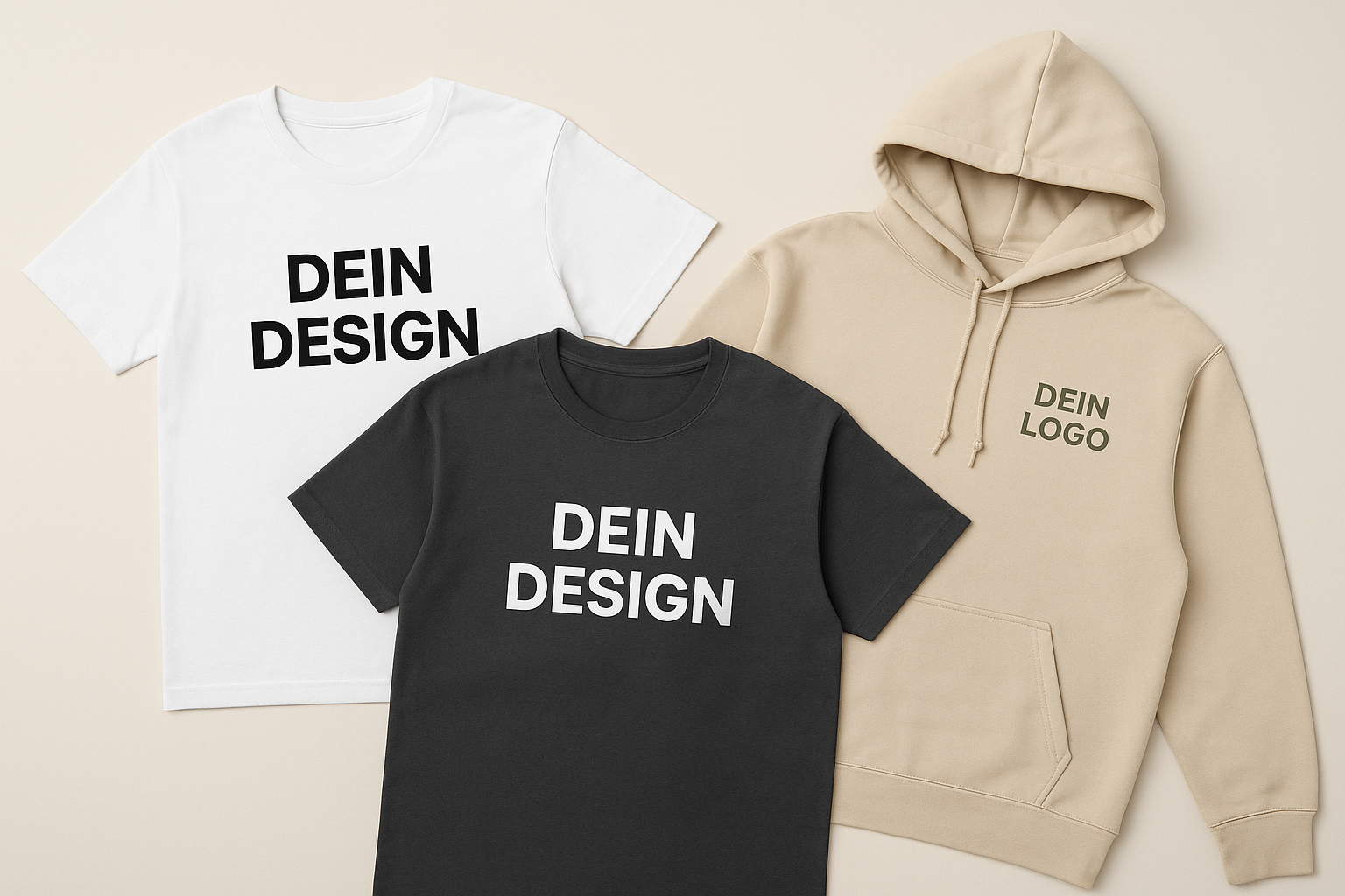 Teamwear T-Shirts und Hoodie bedrucken lassen mit eigenem Design oder Logo, flach auf beige Hintergrund