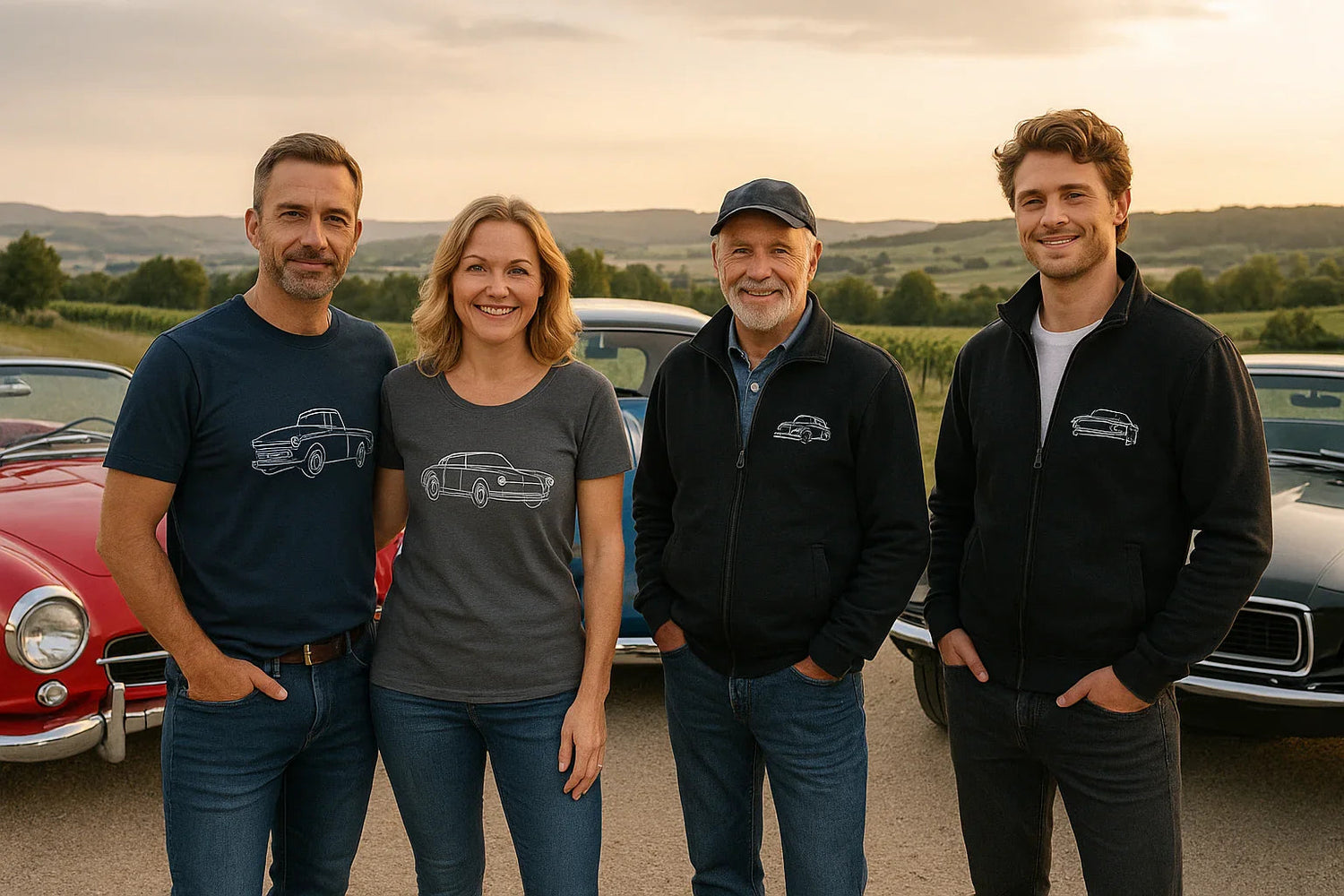 Vier Personen in Oldtimerclub Teamwear vor klassischen Autos im Sonnenuntergang auf dem Land
