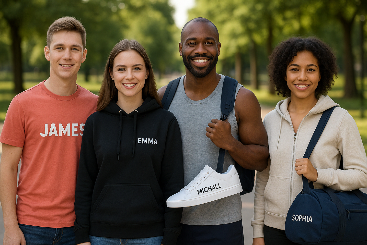 Gruppe junger Menschen mit personalisierter Kleidung und Accessoires, draußen im Park