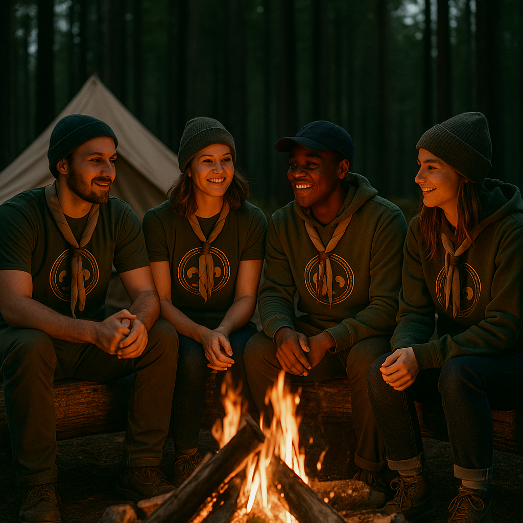 Pfadfinder-Team in grüner Teamwear am Lagerfeuer vor Zelt im Wald