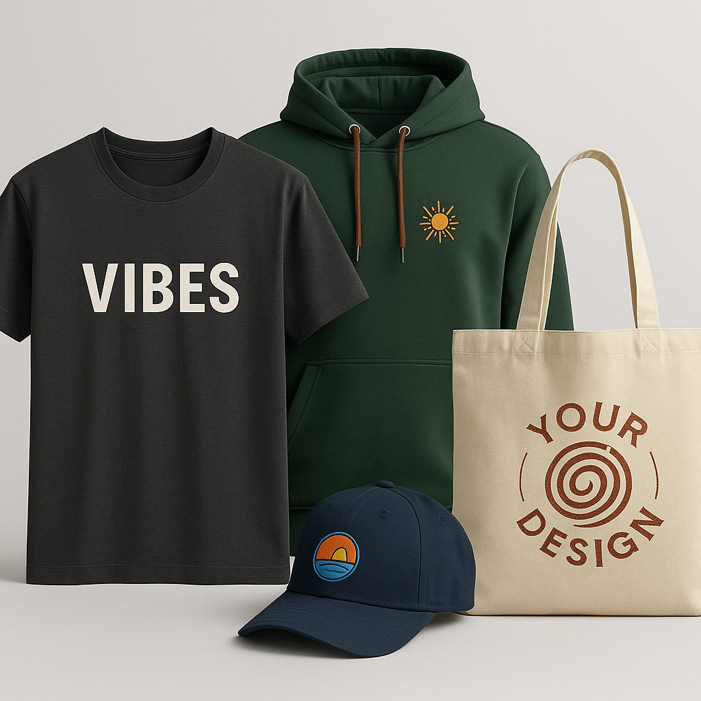 Vibes T-Shirt, grüner Hoodie mit Sonne, beige Stofftasche, blaue Kappe mit Sonnenmotiv
