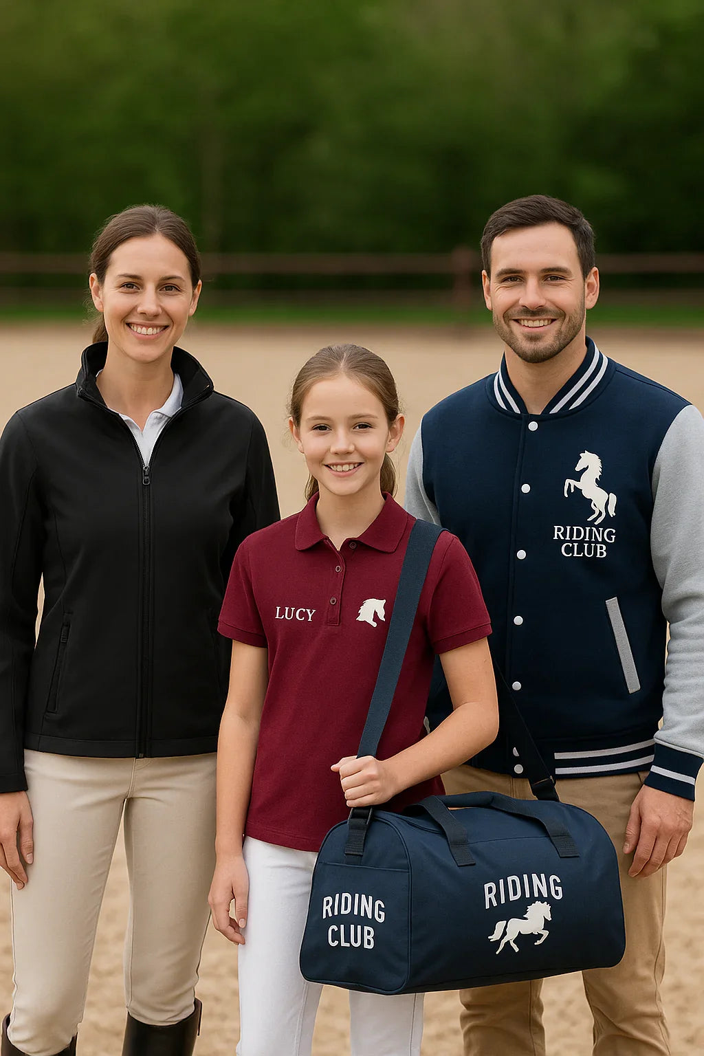 Drei Personen im Reitclub-Teamwear mit Riding Club Tasche auf Reitplatz, Reitsport Mode