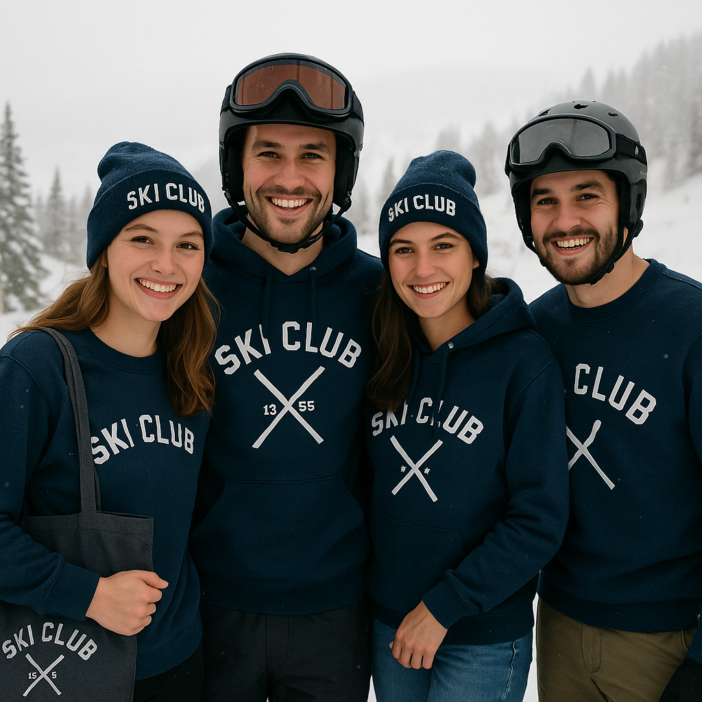 Junge Erwachsene im Ski Club Teamwear Pullover und Mütze vor winterlicher Schneelandschaft