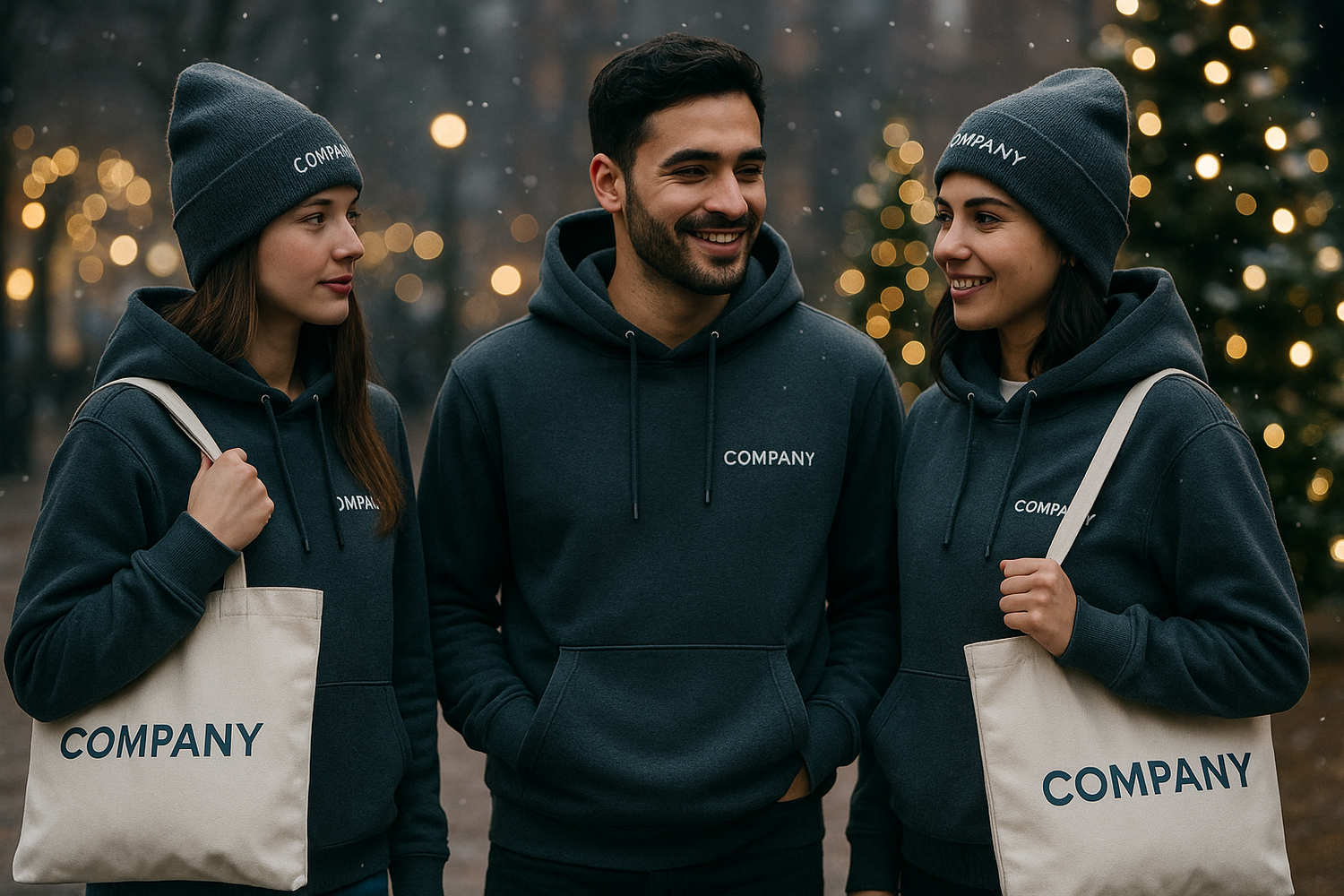Drei junge Menschen mit COMPANY-Hoodies und -Mützen im Winter, Weihnachtsbeleuchtung im Hintergrund.